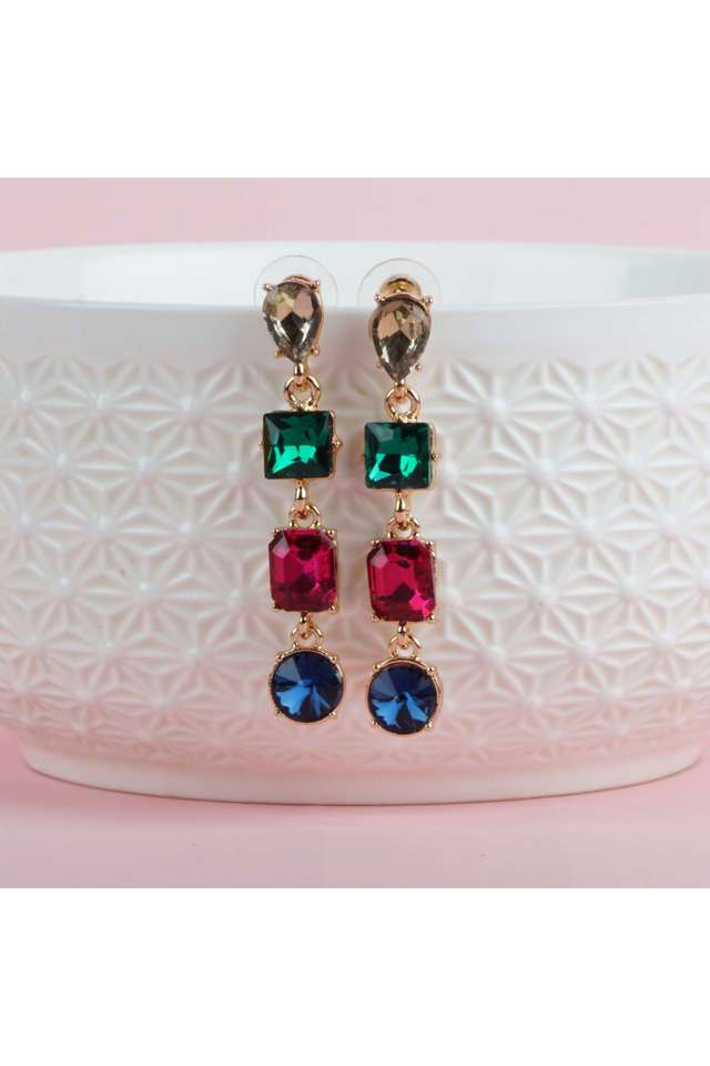 Multi-Color-Multi-Color-Golden-Long-Earings-With-Green-And-Red-Cz-Stone-Hanging