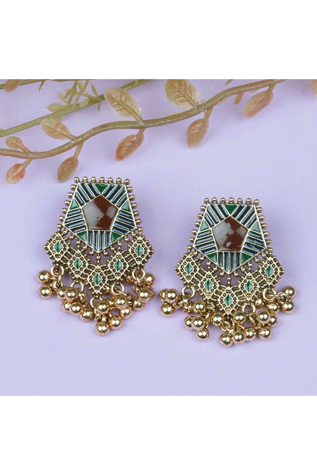 Multi---Color-Oxidized-Gold-Earings-With-Green-And-Maroon-With-Minakari-And-Ghungroo