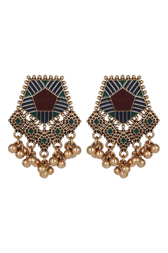 Multi---Color-Oxidized-Gold-Earings-With-Green-And-Maroon-With-Minakari-And-Ghungroo
