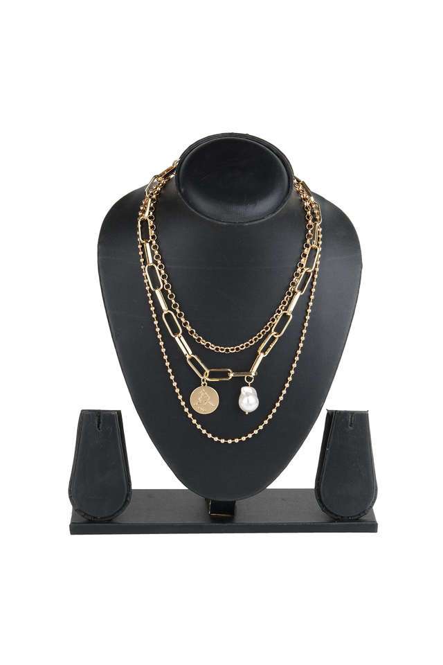 Golden-Necklace-With-Chains-3-Layered-With-Flat-Coins-And-Pearl-Charms