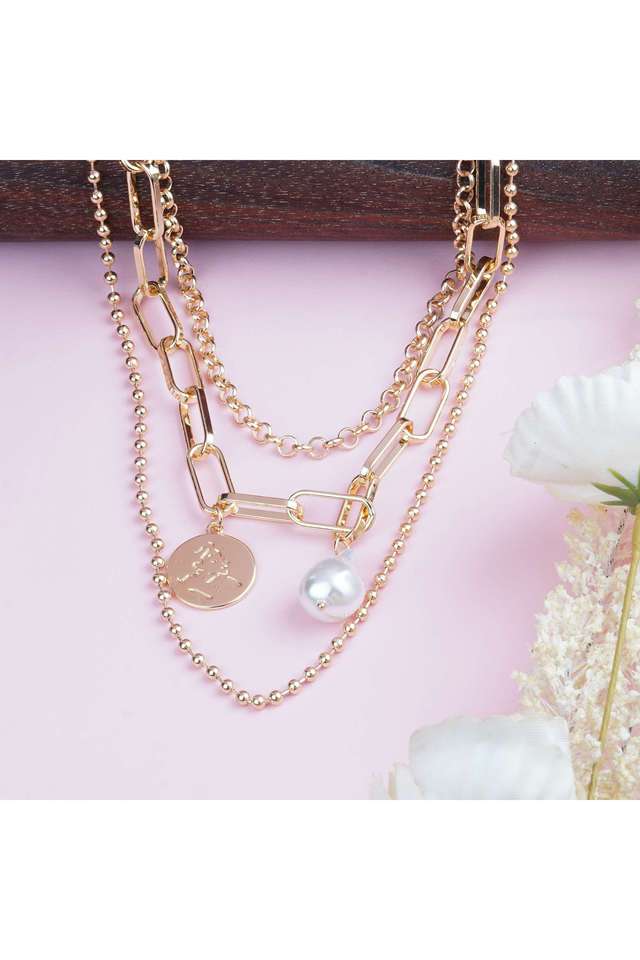 Golden-Necklace-With-Chains-3-Layered-With-Flat-Coins-And-Pearl-Charms