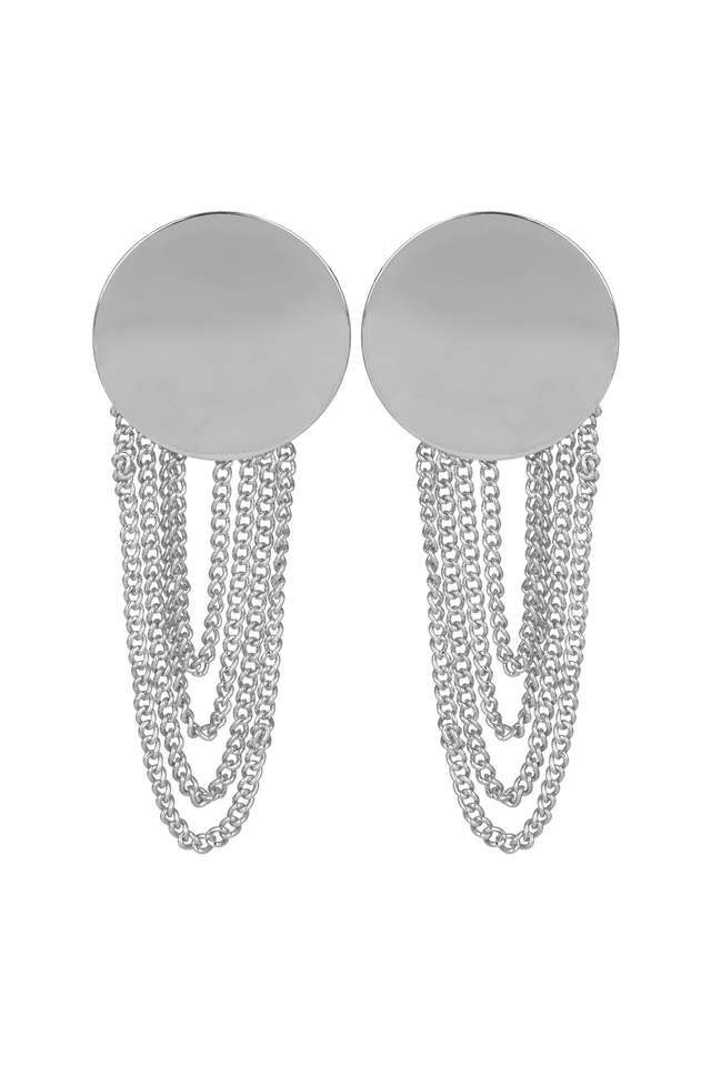 Silver-Long-Earrings-With-Coin-Stud-And-Layered-Chains-Danglers