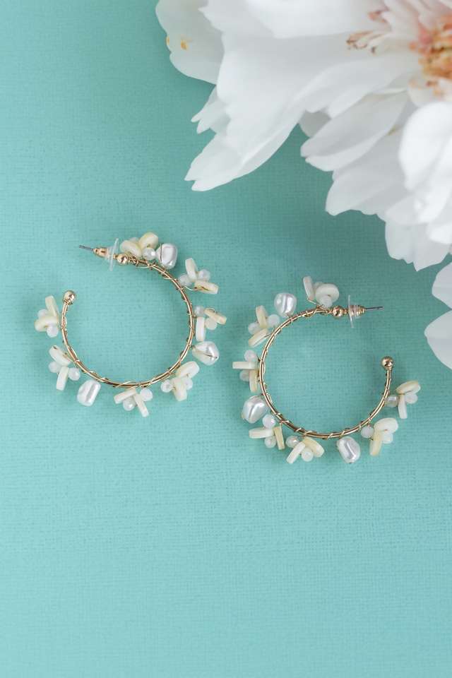 Semi-Hoop-Earrings-with-White-Coloured-Beads -Pearl-and-Shell -Secured-with-Push-and-Back-Button