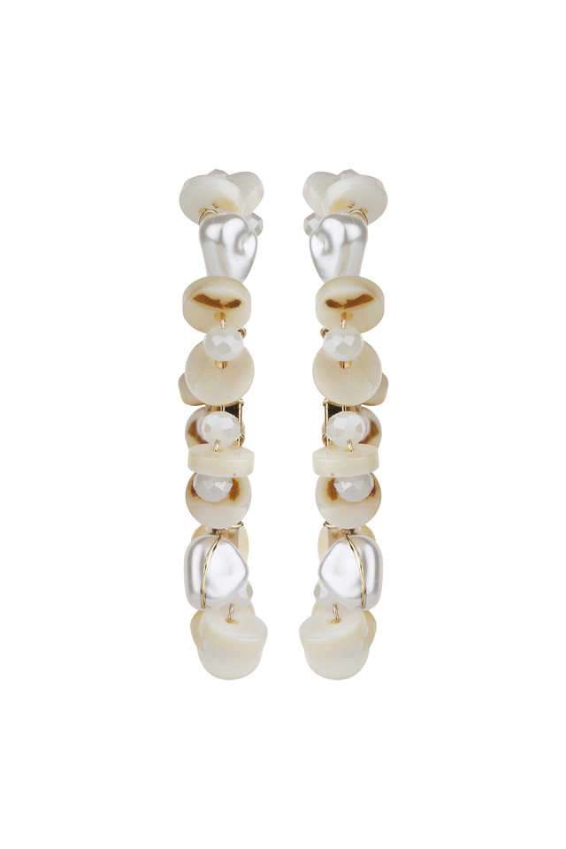 Semi-Hoop-Earrings-with-White-Coloured-Beads -Pearl-and-Shell -Secured-with-Push-and-Back-Button