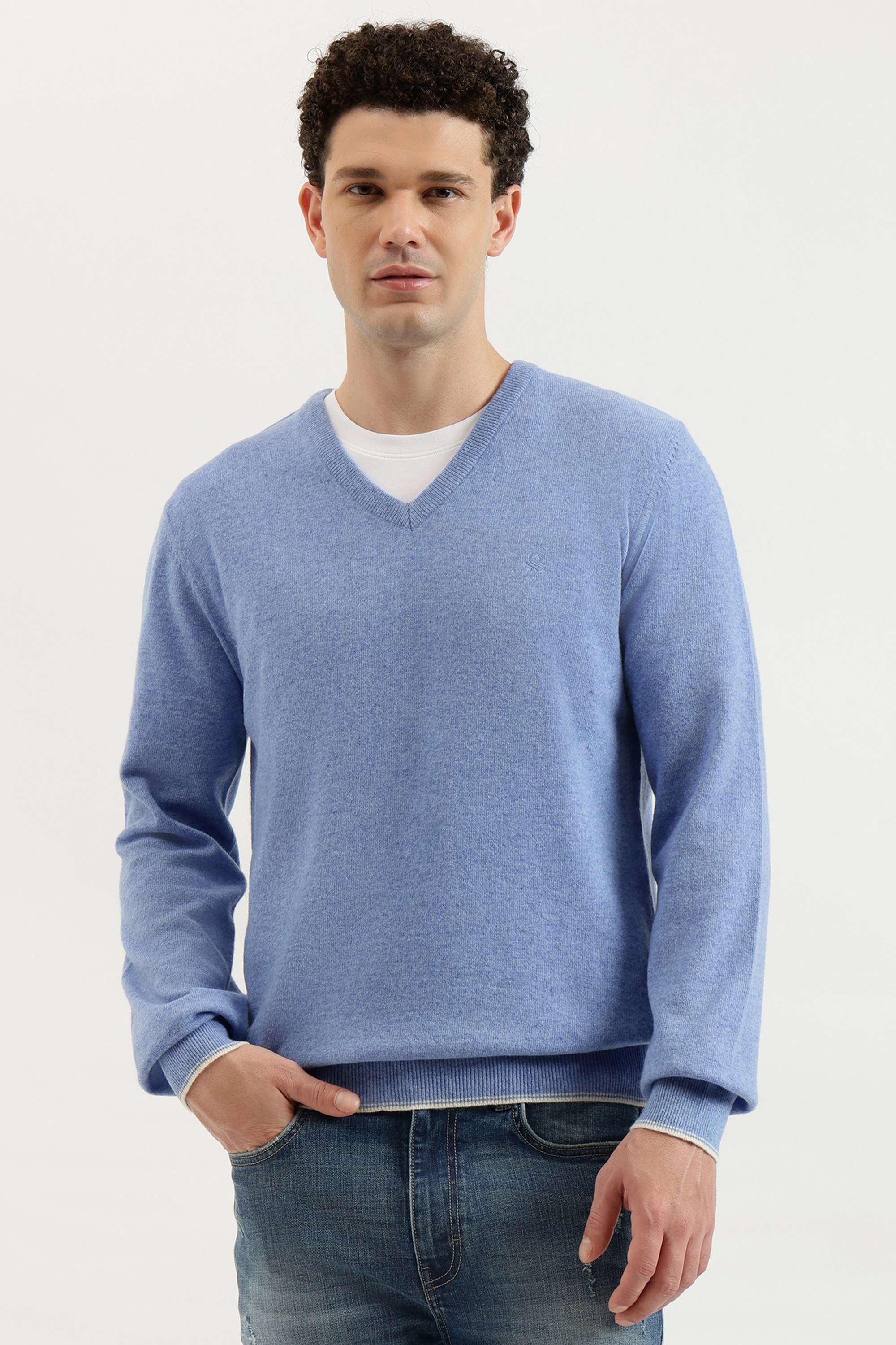 Solid-Wool-Blend-V-Neck-Men-s-Pullover