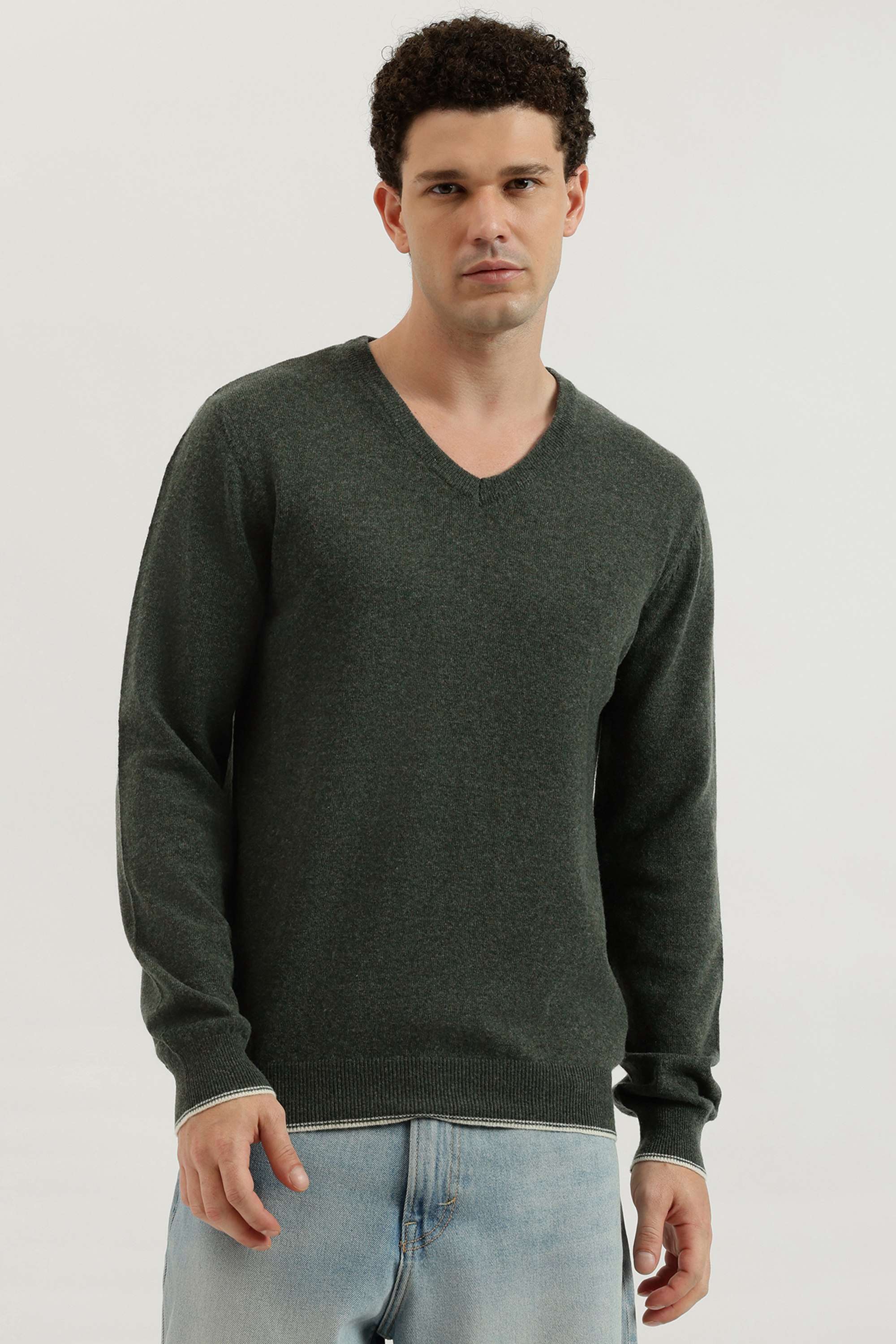 Solid-Wool-Blend-V-Neck-Men-s-Pullover
