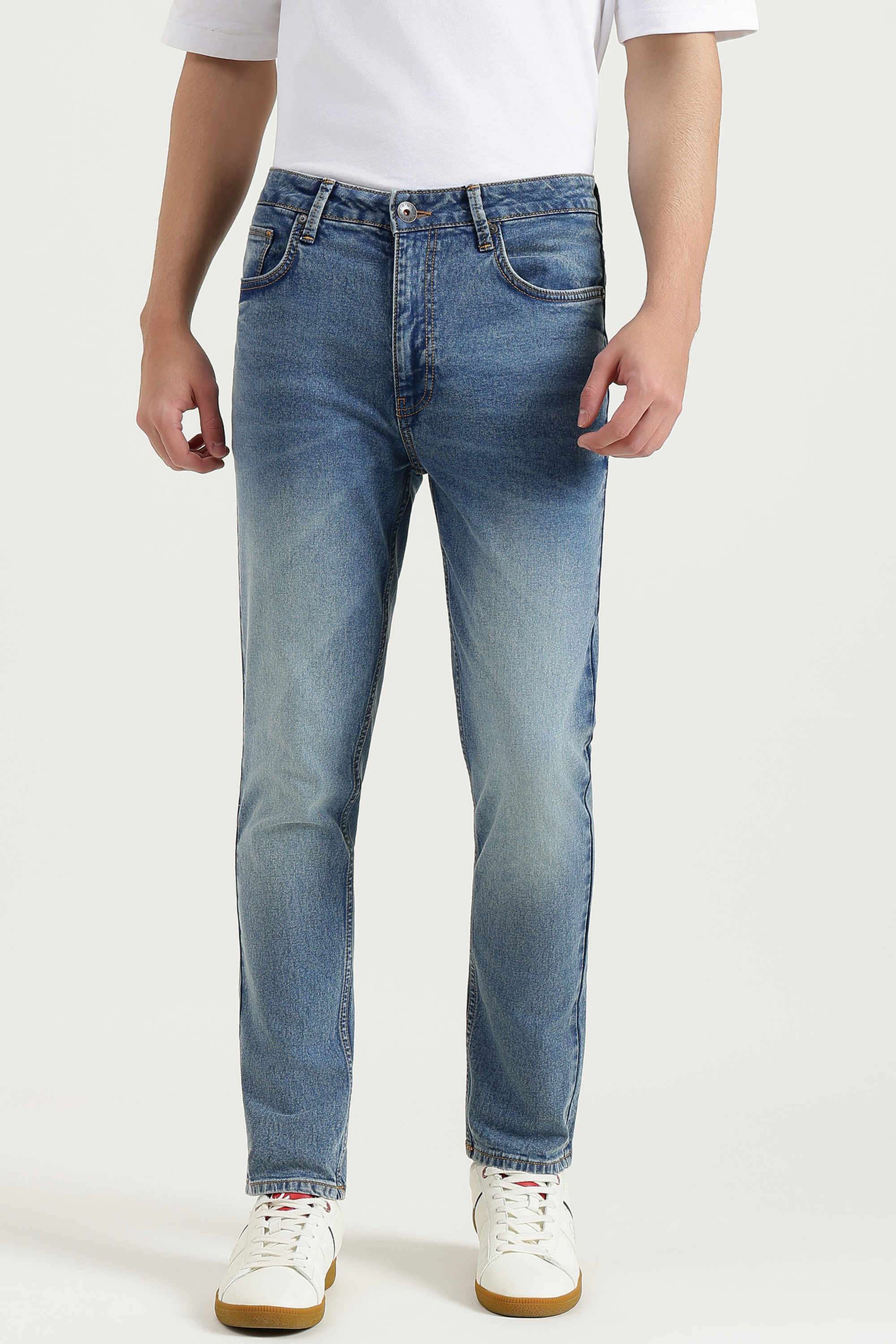 Solid-Cotton-Blend-Tapered-Fit-Men-s-Jeans