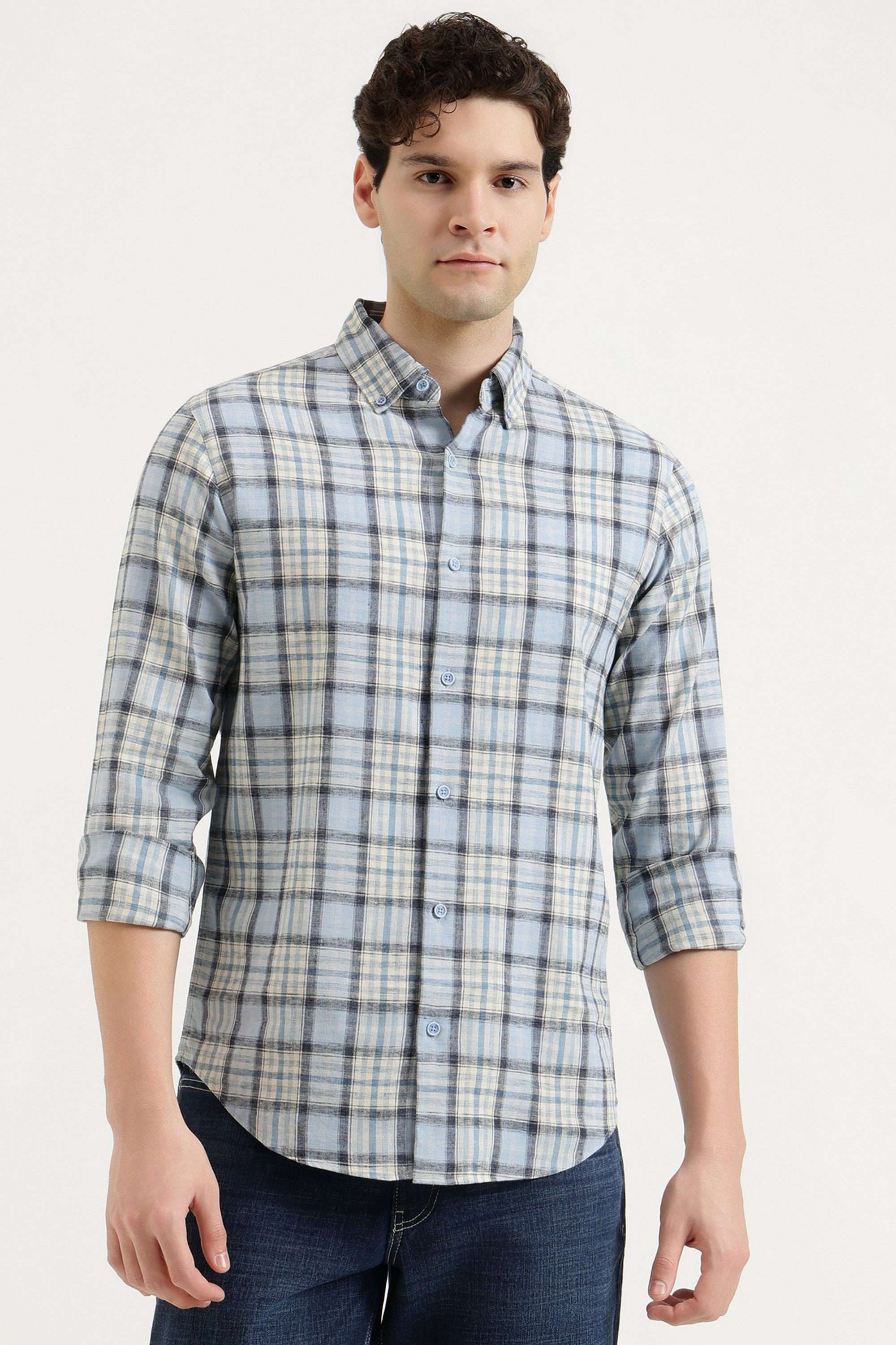 Checks-Linen-Blend-Regular-Fit-Men-s-Casual-Shirt