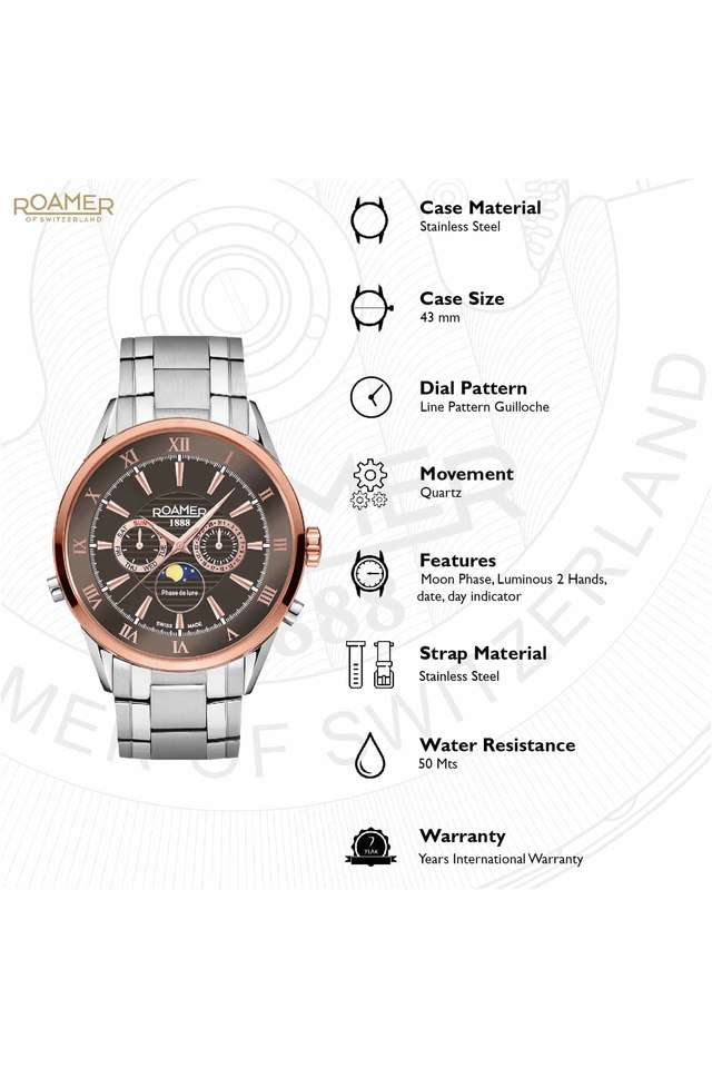 Buy Roamer NoColour Mens 43 mm Superior Moonphase Brown Dial
