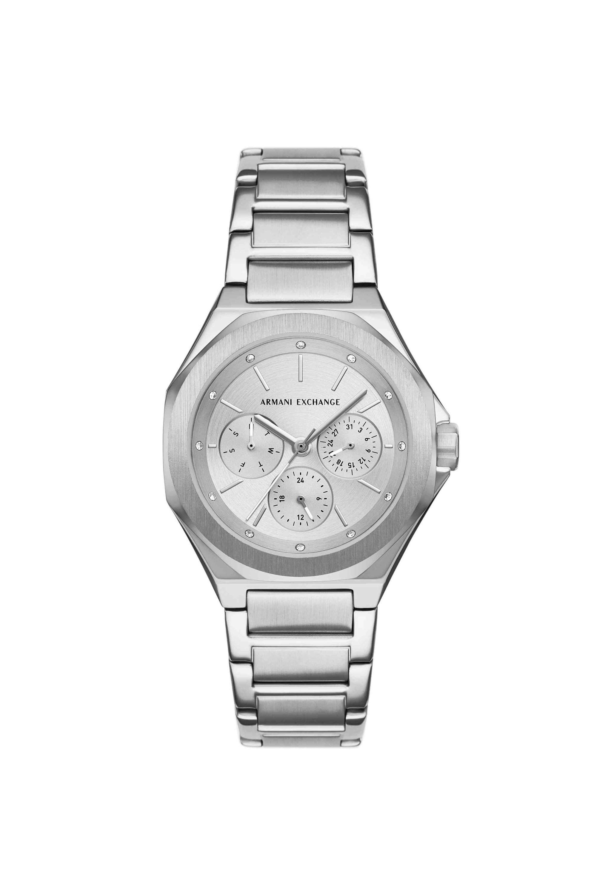 Sync-36-mm-Silver-Dial-Stainless-Steel-Chronograph-Watch-For-Women---AX4622