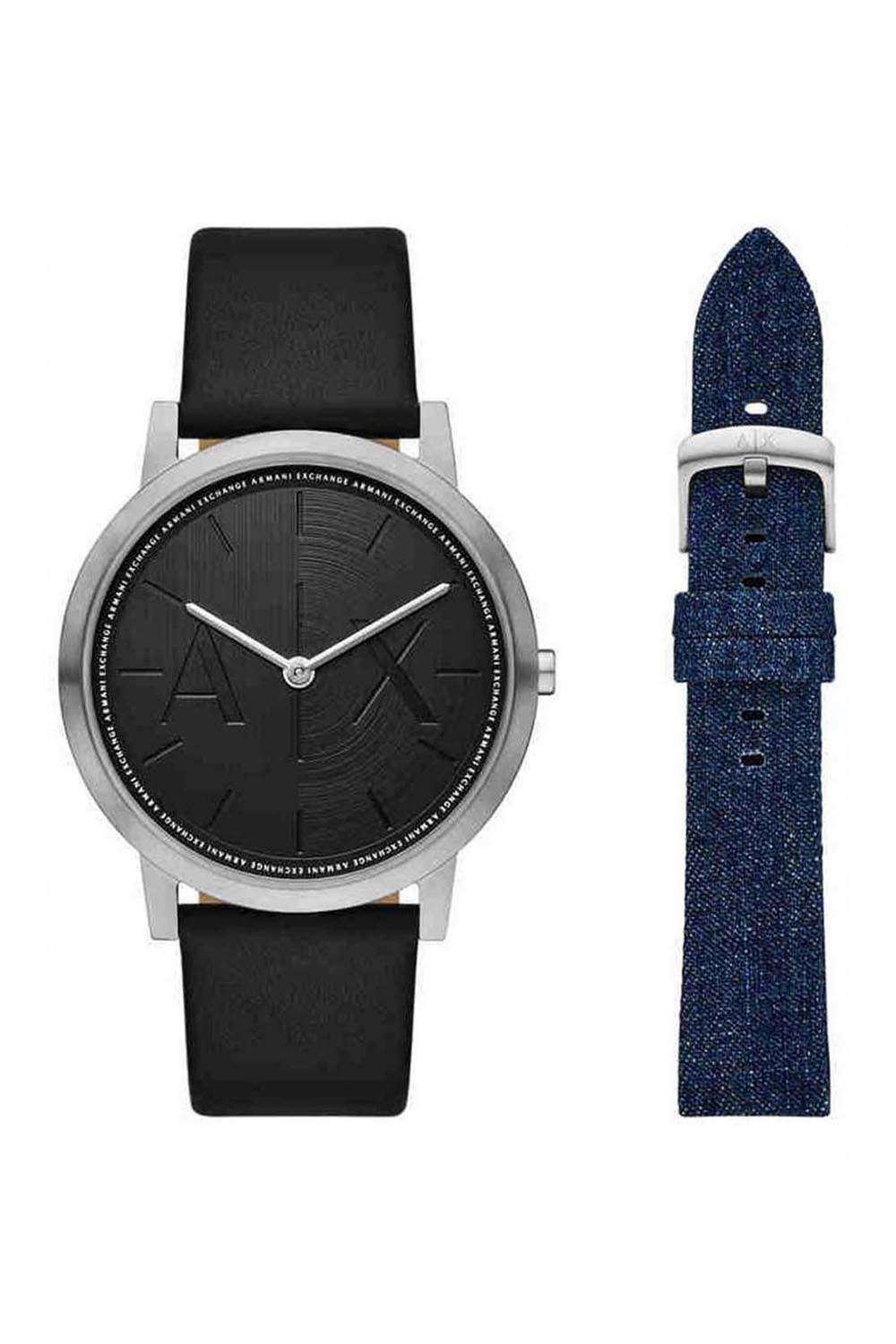 Dale-Men-s-40-mm-Analogue-Quartz-Watch---Black-Dial-with-Black-Leather-Strap-(AX7168SET)