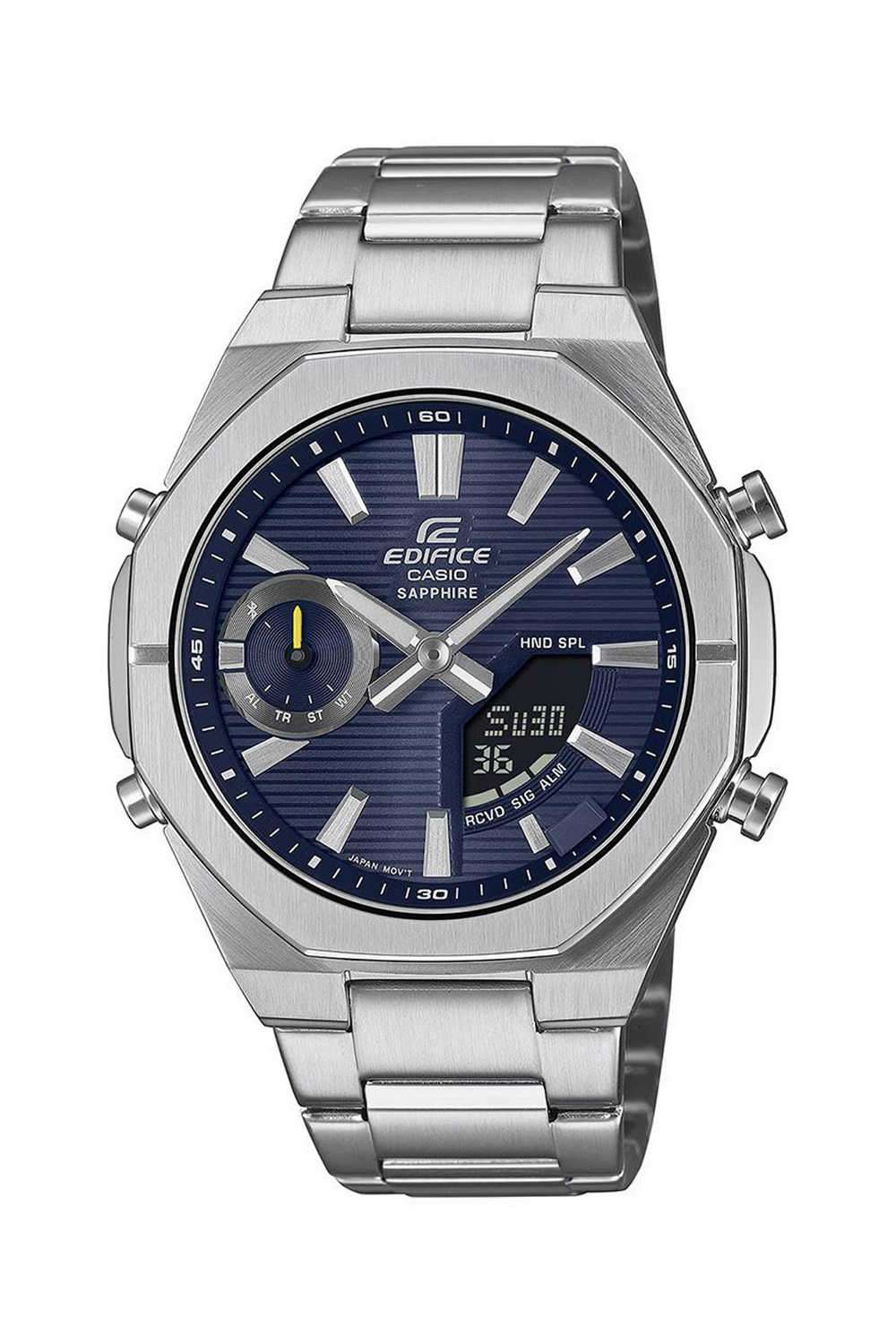 Edifice-Men-s-43-mm-Analogue-Digital-Quartz-Watch---Blue-Dial-with-Silver-Stainless-Steel-Strap-(WCAED649)