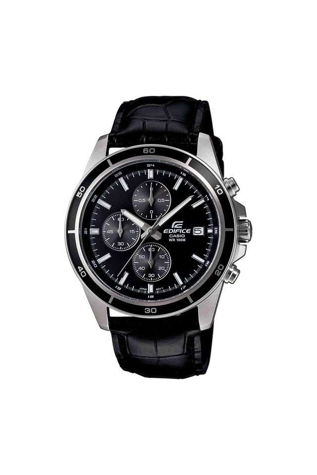 Edifice-Men-s-48.5mm-Analogue-Quartz-Watch---Black-Dial-with-Black-Leather-Strap-(EX096)