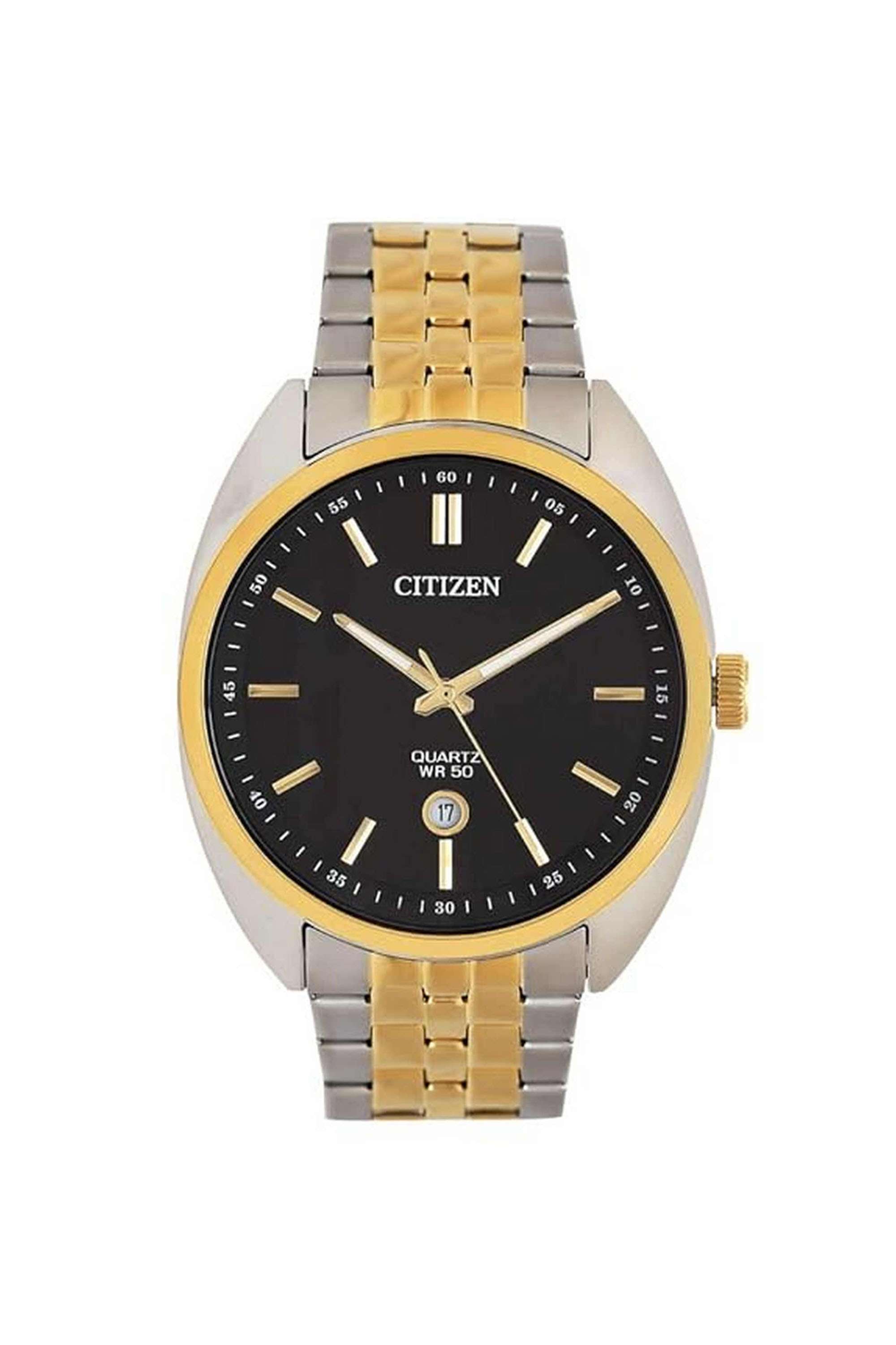 42-mm-Quartz-Analogue-Watch-for-Men---Black-Dial-with-Gold-Stainless-Steel-Strap-(206645367)