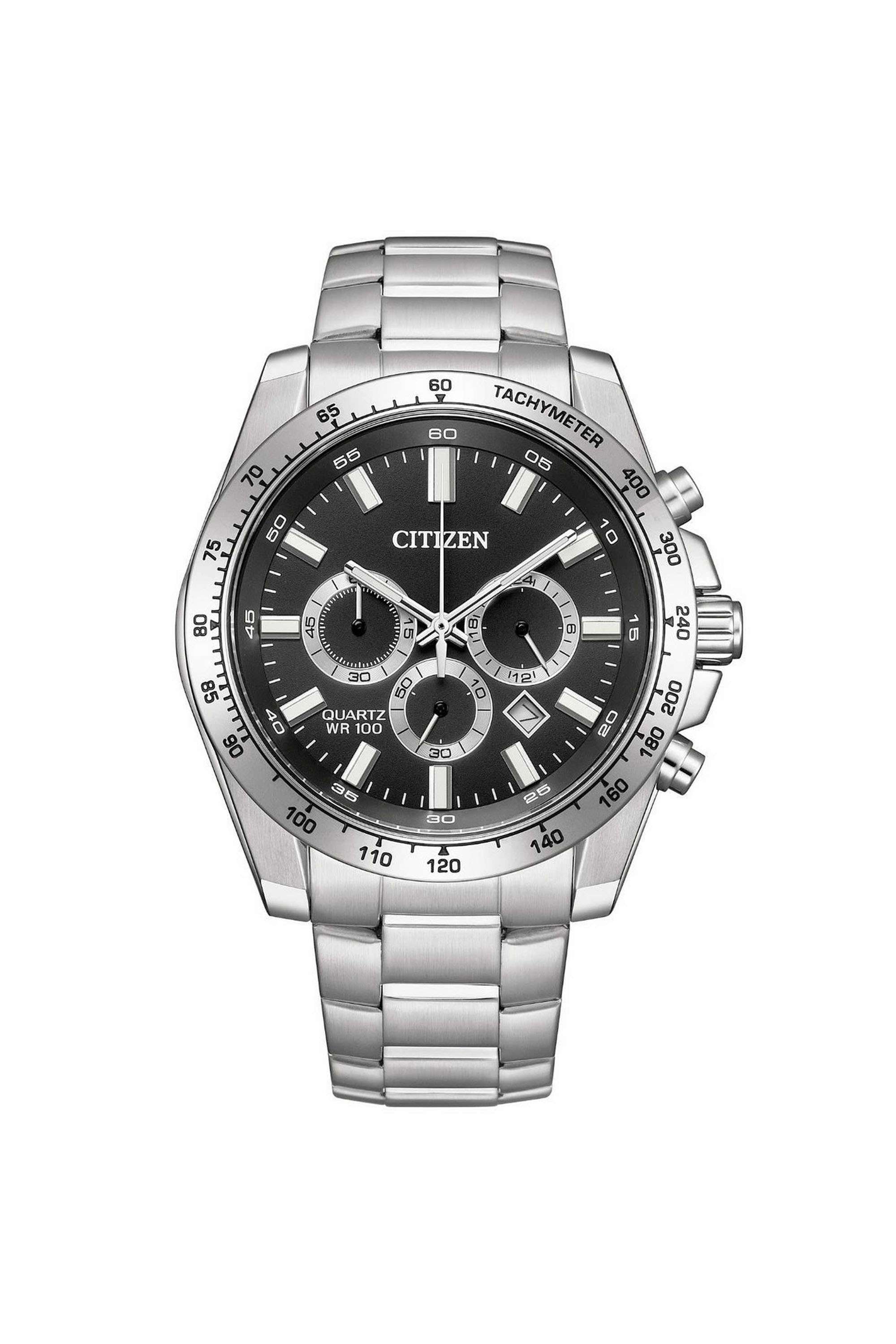 Men-s-44-mm-Analogue-Quartz-Watch---Black-Dial-with-Silver-Stainless-Steel-Strap-(SAN823059E)