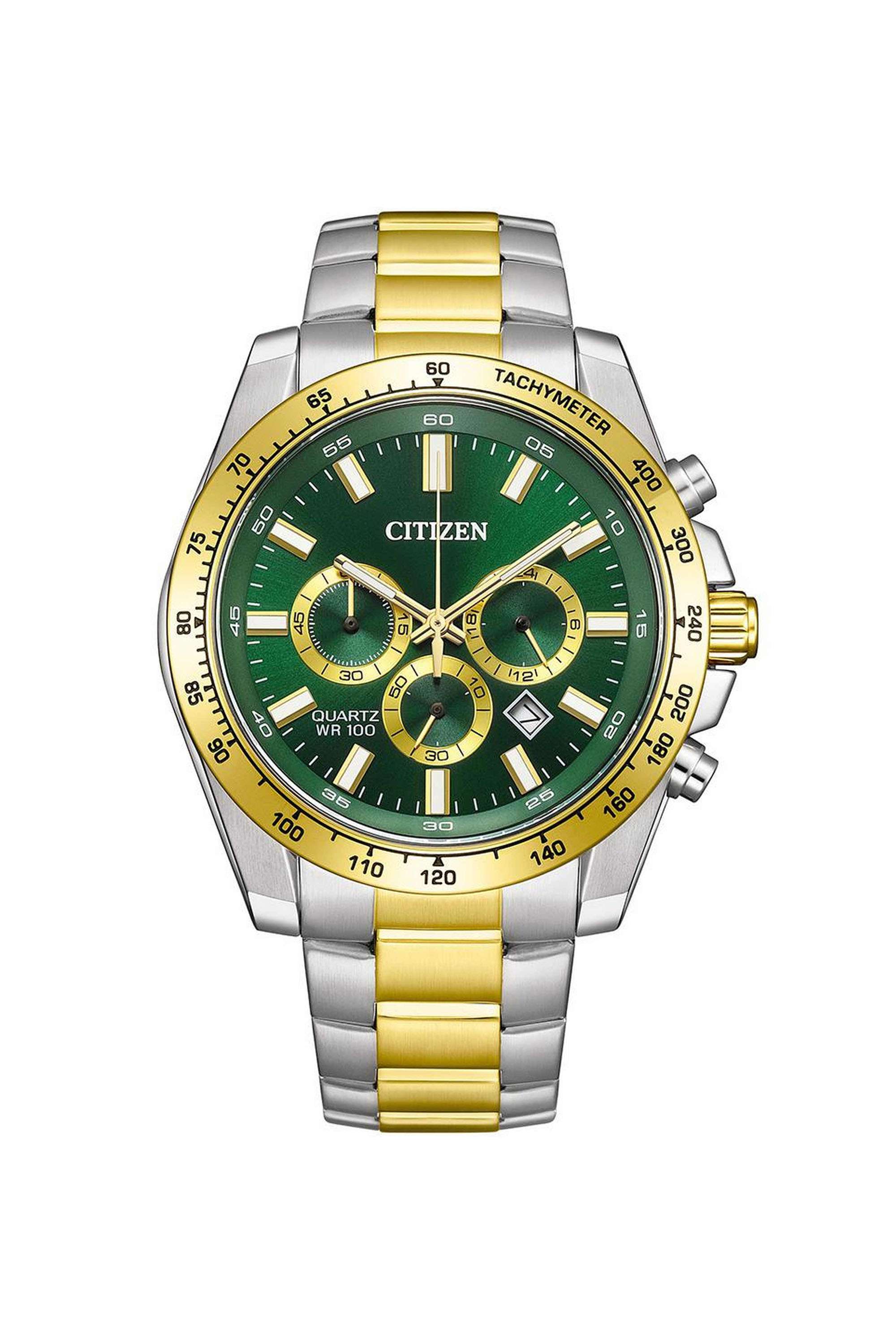Men-s-44-mm-Analogue-Quartz-Watch---Green-Dial-with-Silver-Stainless-Steel-Strap-(SAN823458X)