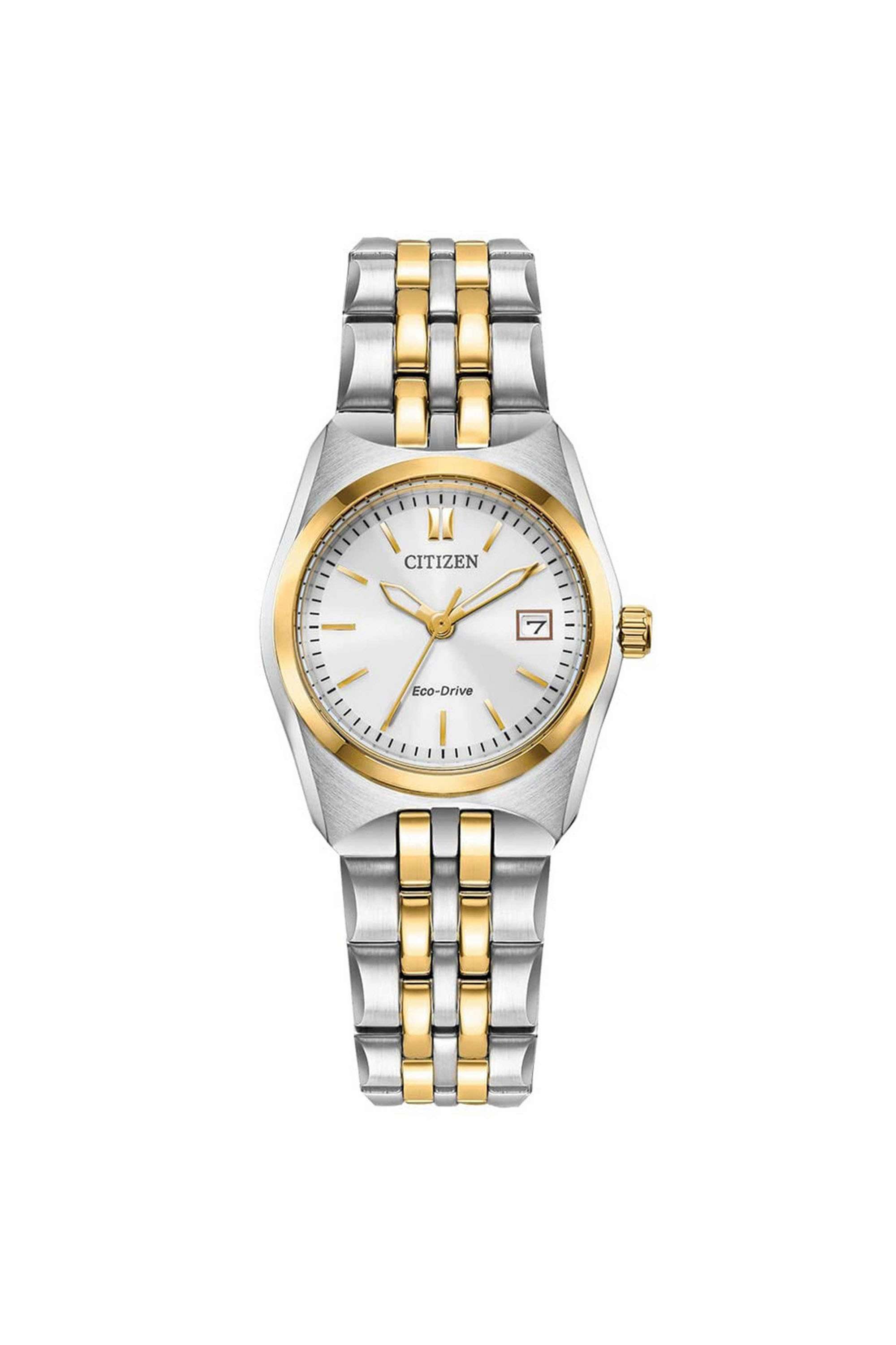 Eco-Drive-27-mm-Quartz-Analogue-Watch-For-Women---Silver-Dial-with-Gold-Stainless-Steel-Strap-(WCZSEW229950A)
