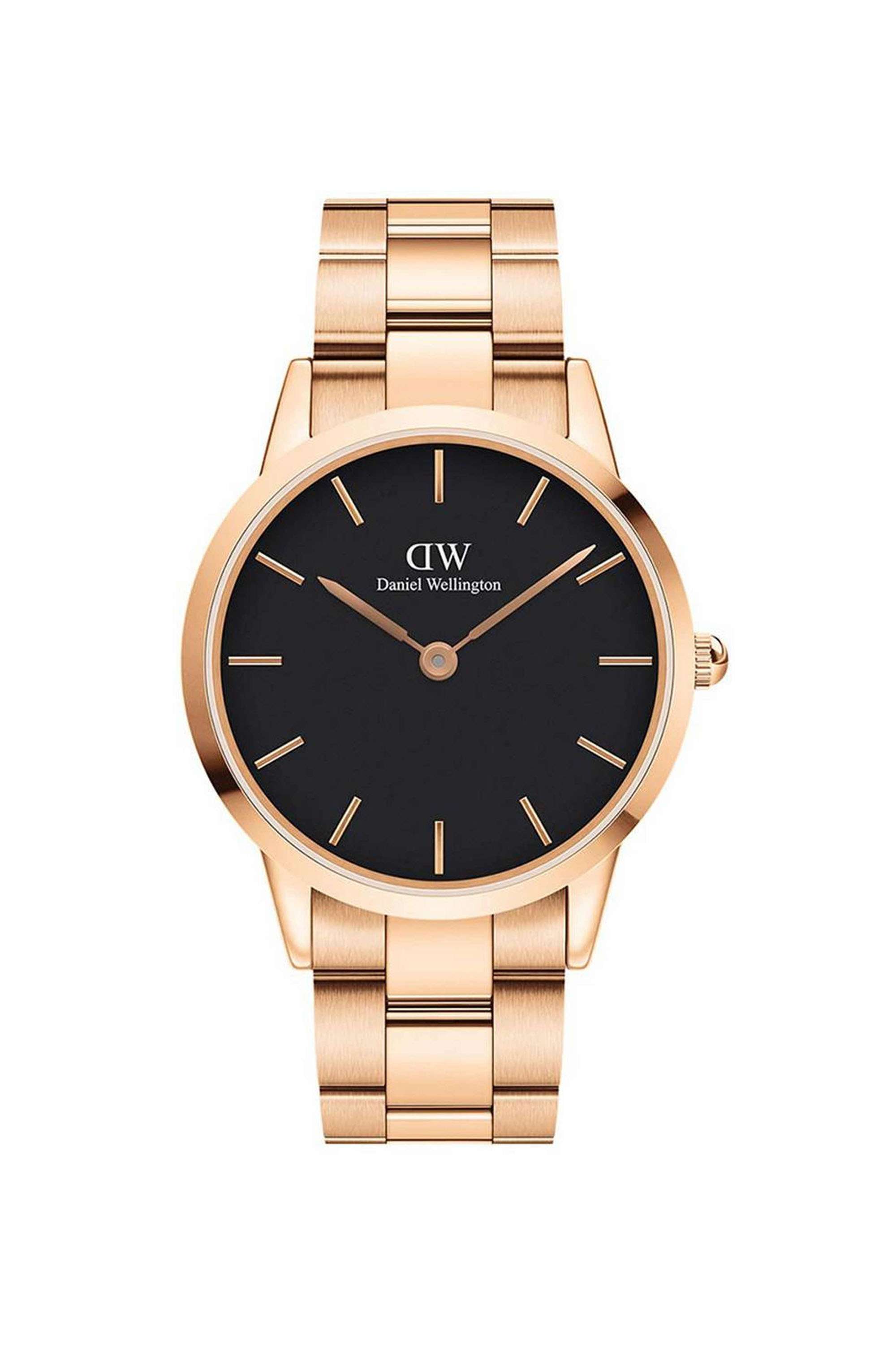 Iconic-40-mm-Analogue-Quartz-Watch-For-Men-s---Black-Dial-with-Rose-Gold-Stainless-Steel-Strap-(DW00100344K)