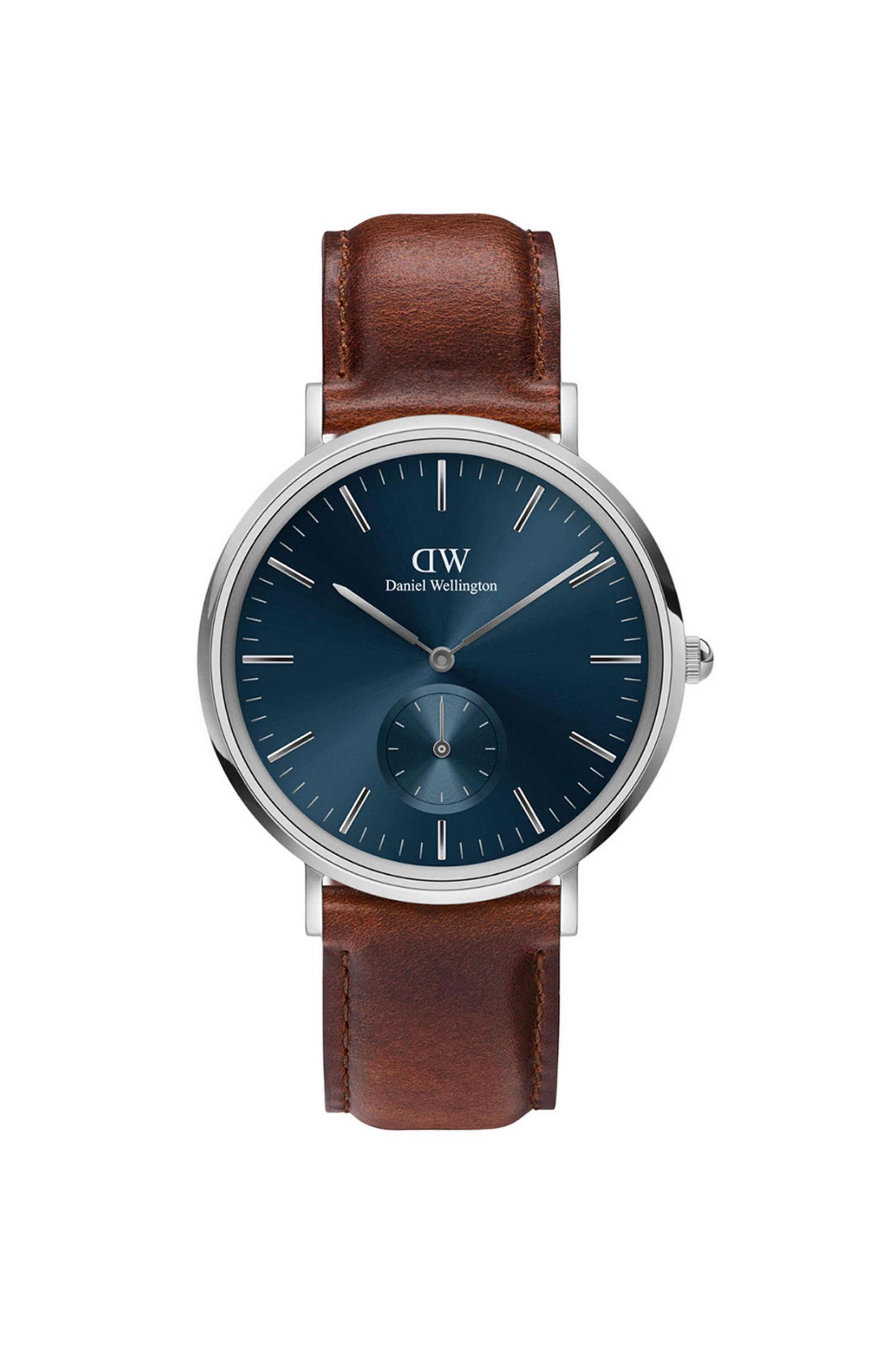 Classic-40-mm-Analogue-Japanese-Quartz-Watch-For-Men-s---Blue-Dial-with-Brown-Leather-Strap-(DW00100709K)