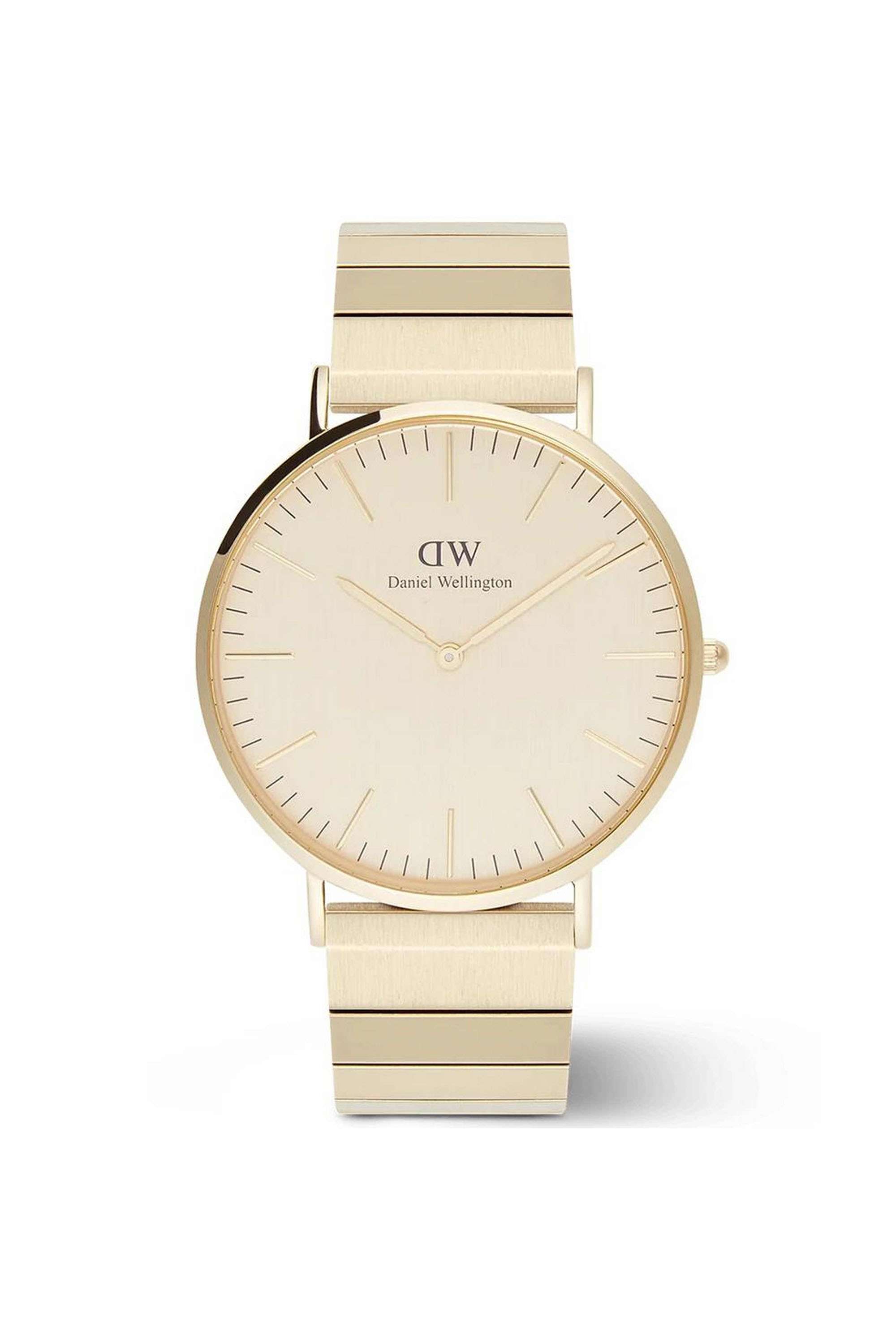 Classic-40-mm-Analogue-Quartz-Watch-For-Men-s---Gold-Dial-with-Silver-Stainless-Steel-Strap-(DW00100779K)