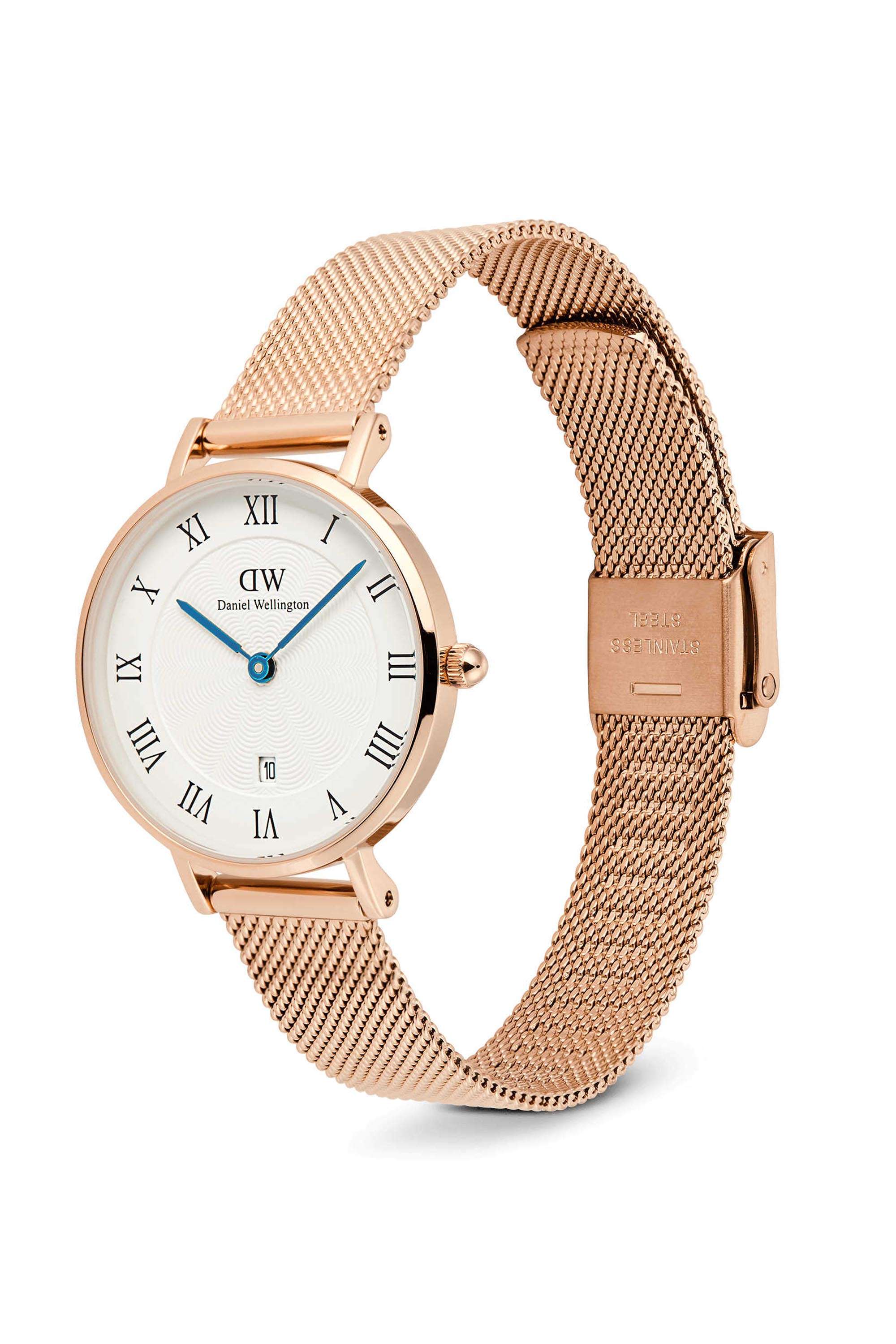 Petite-Women-s-28-mm-Analog-Japanese-Quartz-Watch-White-Dial-with-Rose-Gold-Stainless-Steel-Strap-(DW00100856K)