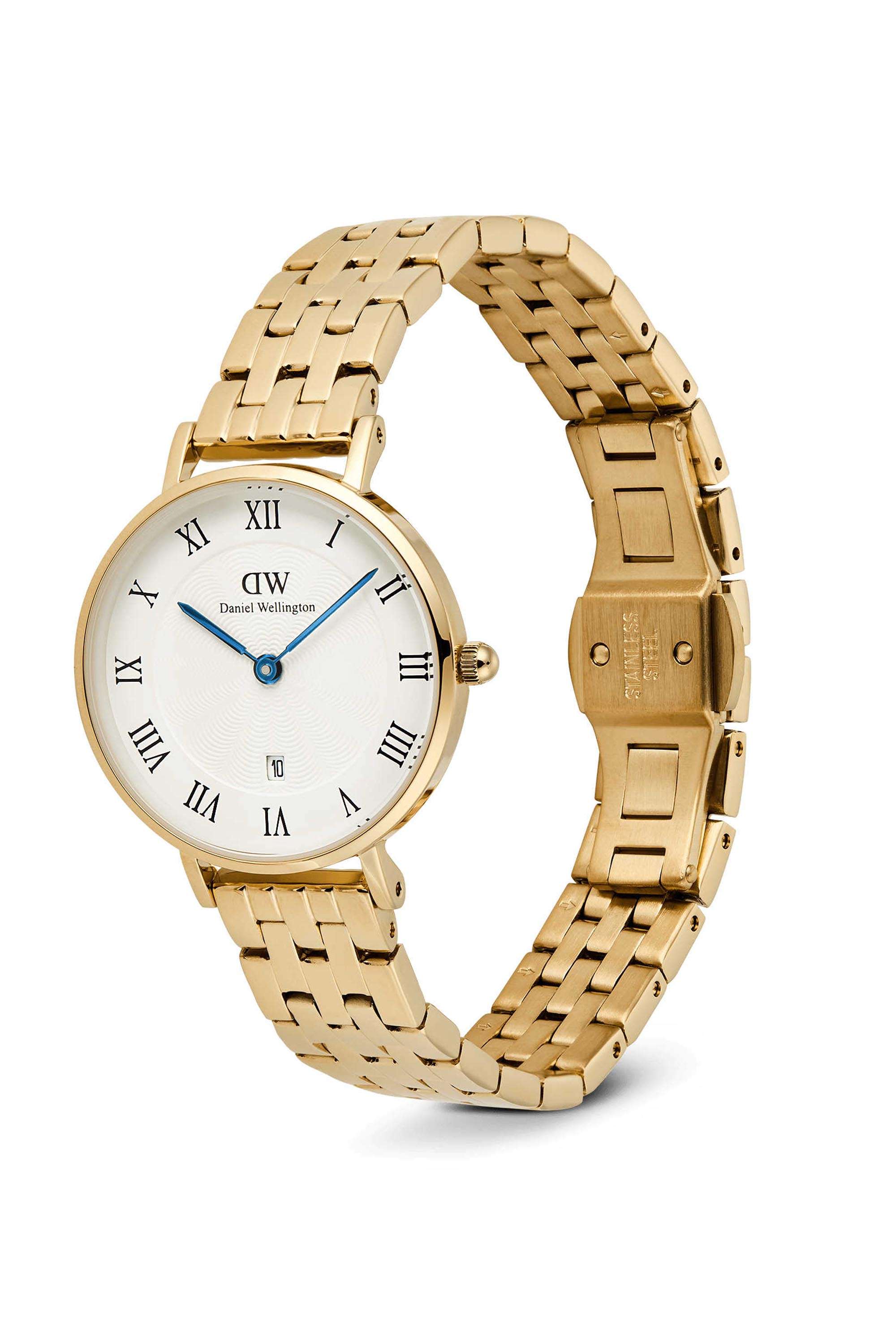 Petite-Women-s-28-mm-Analog-Japanese-Quartz-Watch-White-Dial-with-Gold-Stainless-Steel-Strap-(DW00100857K)