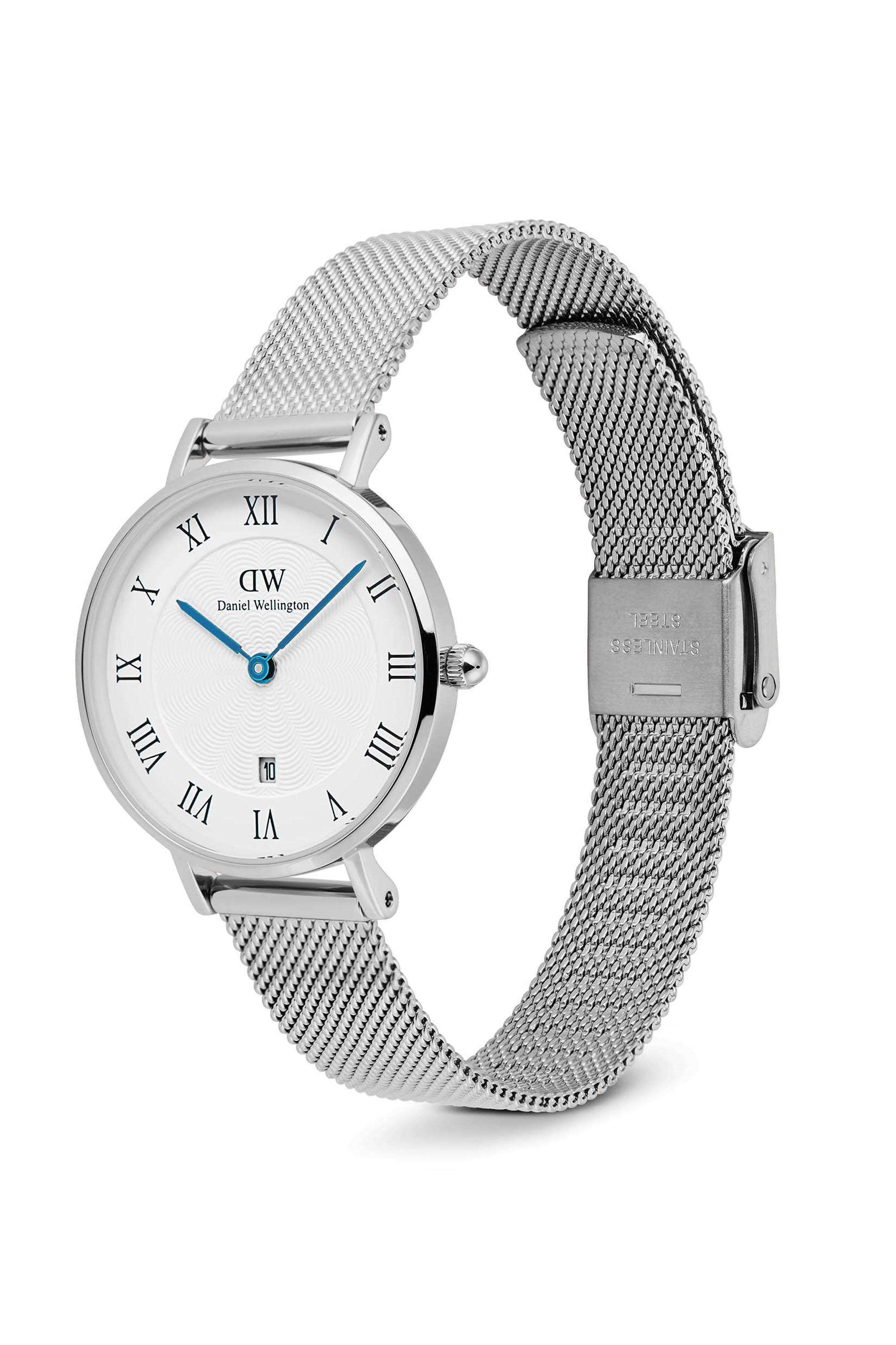 Petite-Women-s-28-mm-Analog-Japanese-Quartz-Watch-White-Dial-with-Silver-Stainless-Steel-Strap-(DW00100858K)
