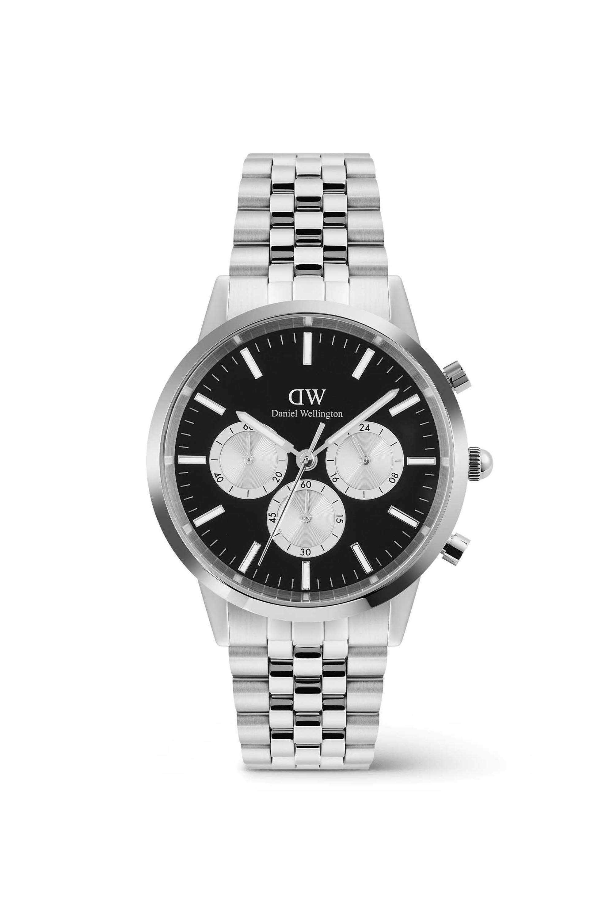 Iconic-Men-s-42-mm-Chronograph-Japanese-Quartz-Watch-Black-Dial-with-Silver-Stainless-Steel-Strap-(DW00100873K)