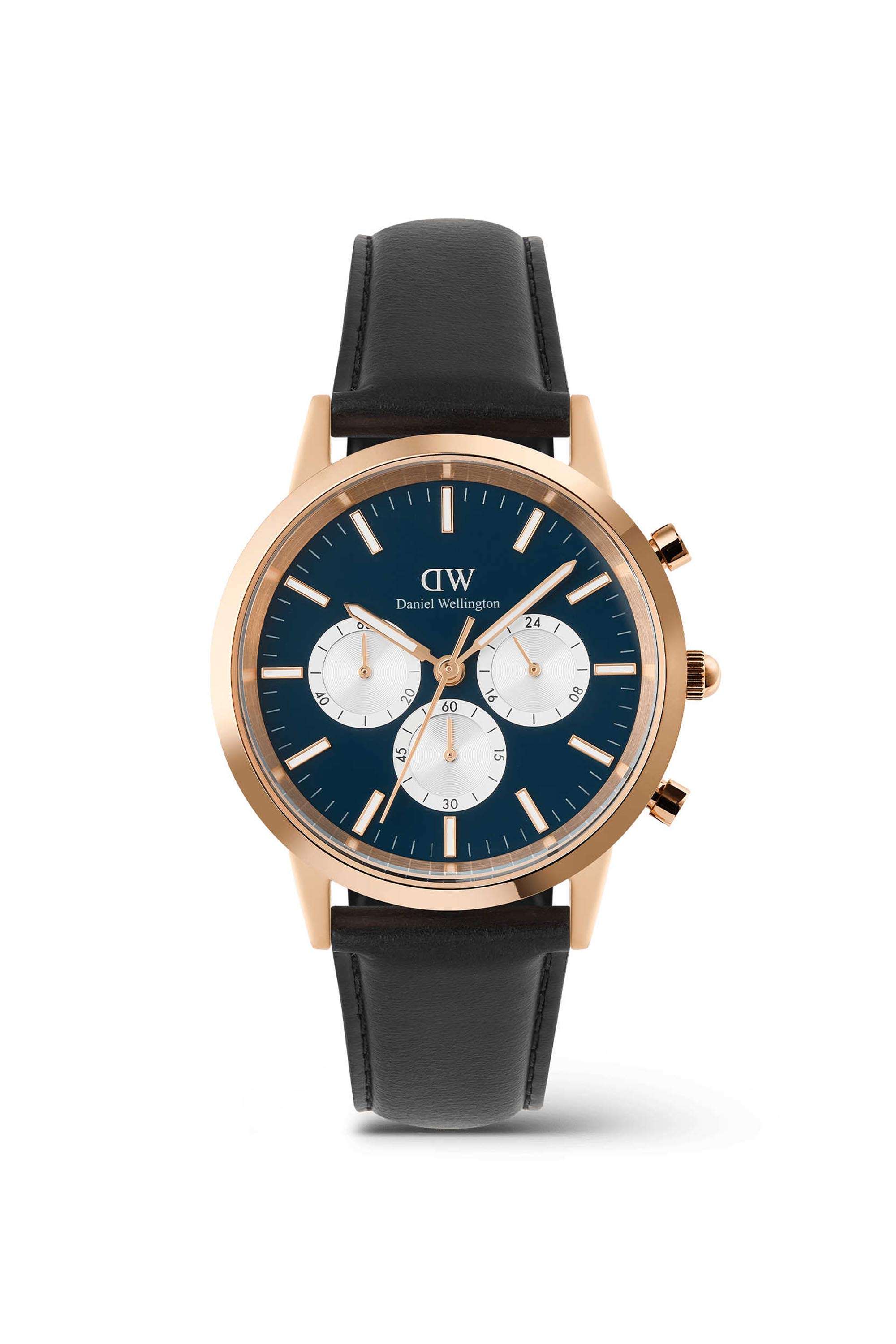 Iconic-Men-s-42-mm-Chronograph-Japanese-Quartz-Watch-Arctic-Blue-Dial-with-Black-Leather-Strap-(DW00100877K)