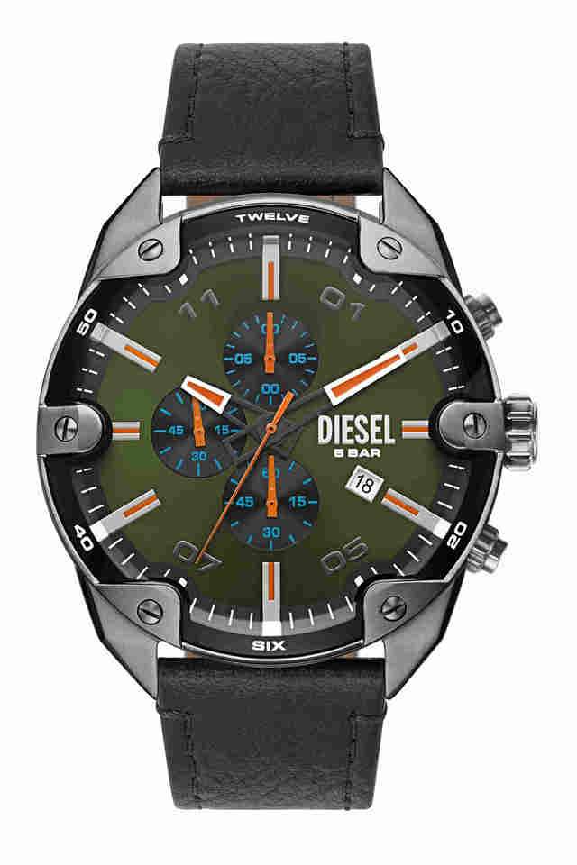 Buy DIESEL NoColour Spiked 49 mm Green Dial Leather Chronograph
