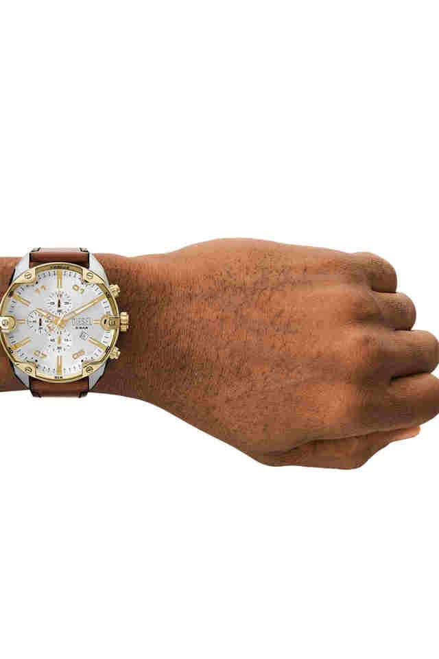 Buy DIESEL White Spiked 49 mm White Dial Leather Chronograph Watch
