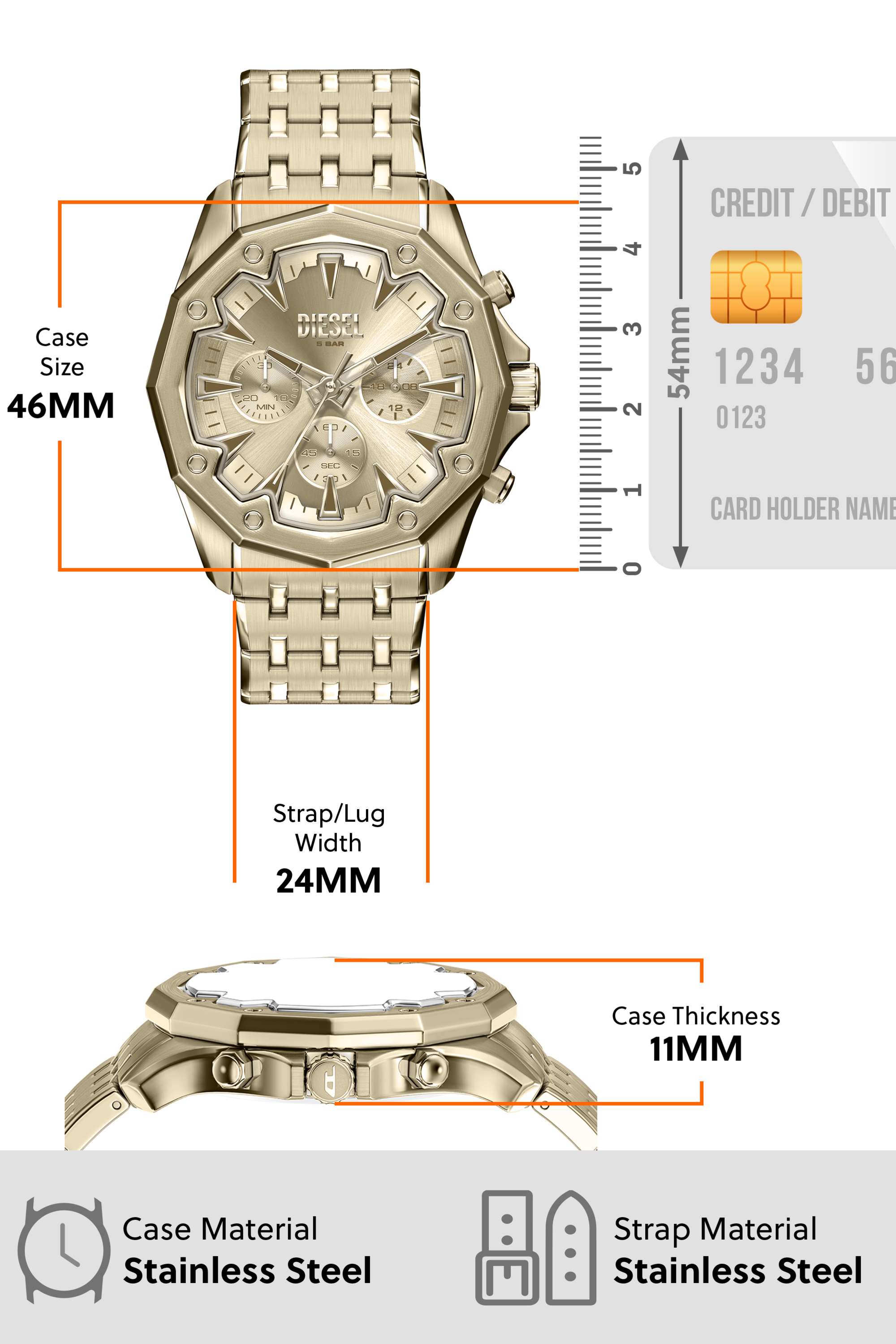 Buy DIESEL Gold Stinger 46 mm Gold Dial Stainless Steel