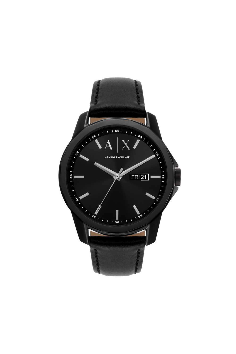 Men-s-44-mm-Analogue-Quartz-Watch---Black-Dial-with-Black-Leather-Strap-(AX7147SET)
