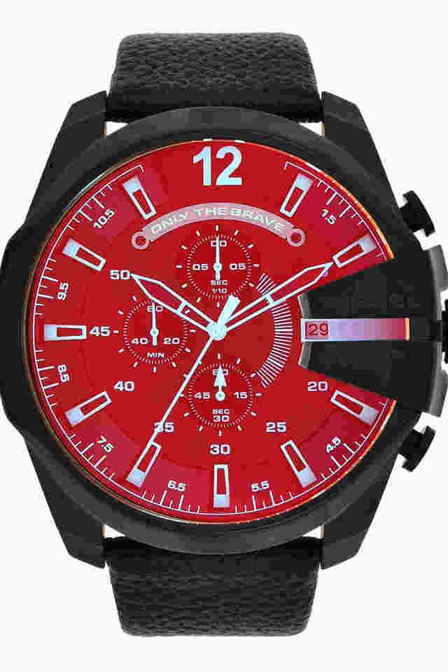 Mega-Chief-Men-s-51mm-Chronograph-Quartz-Watch---Red-Dial-with-Black-Leather-Strap-(DZ4323)