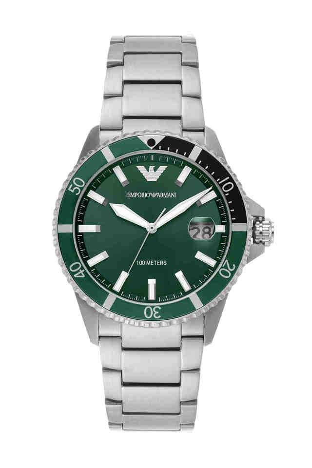 Diver-Men-s-42-mm-Analogue-Quartz-Watch---Green-Dial-with-Silver-Stainless-Steel-Strap-(AR11338)