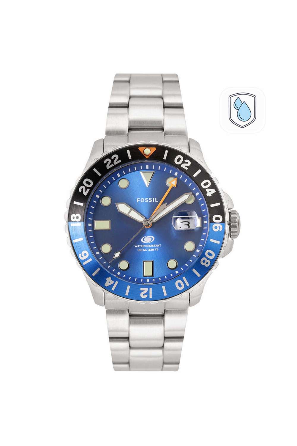 Blue-GMT-Men-s-46-mm-Analogue-Quartz-Watch---Blue-Dial-with-Silver-Stainless-Steel-Strap-(FS5991)