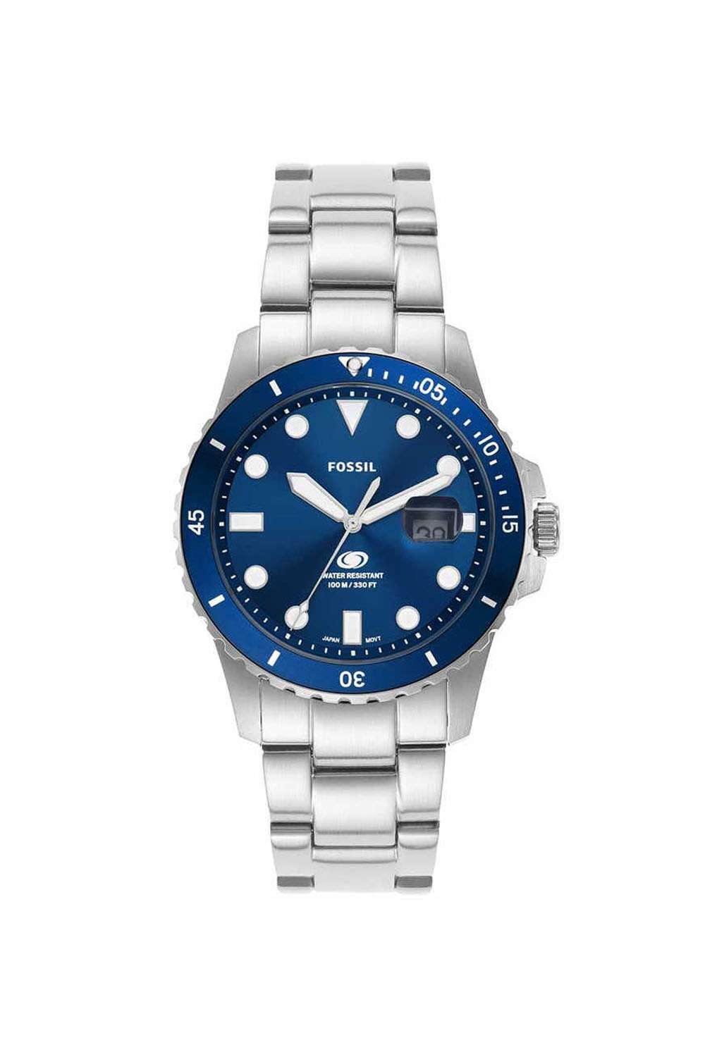 Dive-Men-s-42-mm-Analogue-Quartz-Watch---Blue-Dial-with-Silver-Stainless-Steel-Strap-(FS6029)