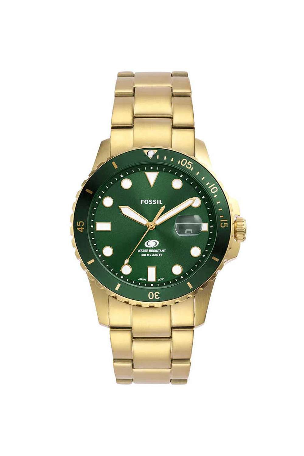 Dive-Men-s-42-mm-Analogue-Quartz-Watch---Green-Dial-with-Gold-Stainless-Steel-Strap-(FS6030)
