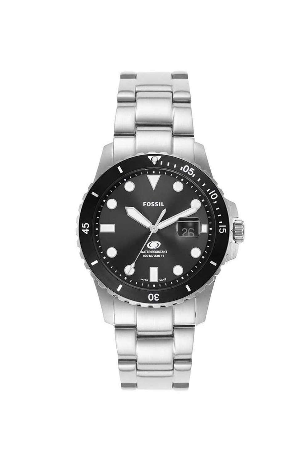 Men-s-42-mm-Analogue-Quartz-Watch---Black-Dial-with-Silver-Stainless-Steel-Strap-(FS6032)