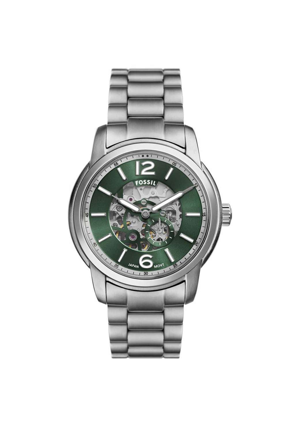 Heritage-Men-s-43-mm-Analogue-Japanese-Automatic-Watch---Green-Dial-with-Silver-Stainless-Steel-Strap-(ME3262)