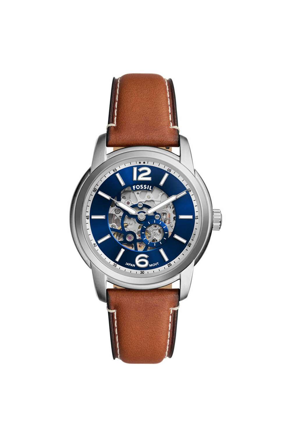 Heritage-Men-s-43-mm-Analogue-Japanese-Automatic-Watch---Blue-Dial-with-Brown-Leather-Strap-(ME3263)