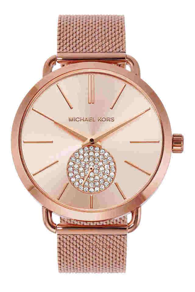 Womens-Portia-Rose-Gold-Dial-Stainless-Steel-Analogue-Watch---MK3845