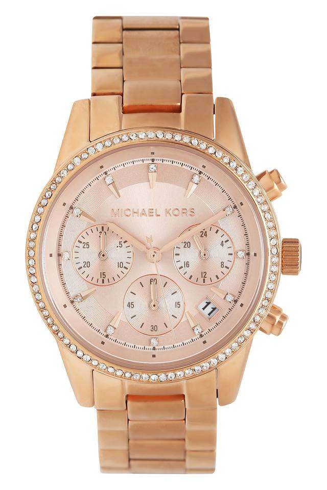 Womens-Rose-Gold-Dial-Metallic-Chronograph-Watch---6357I