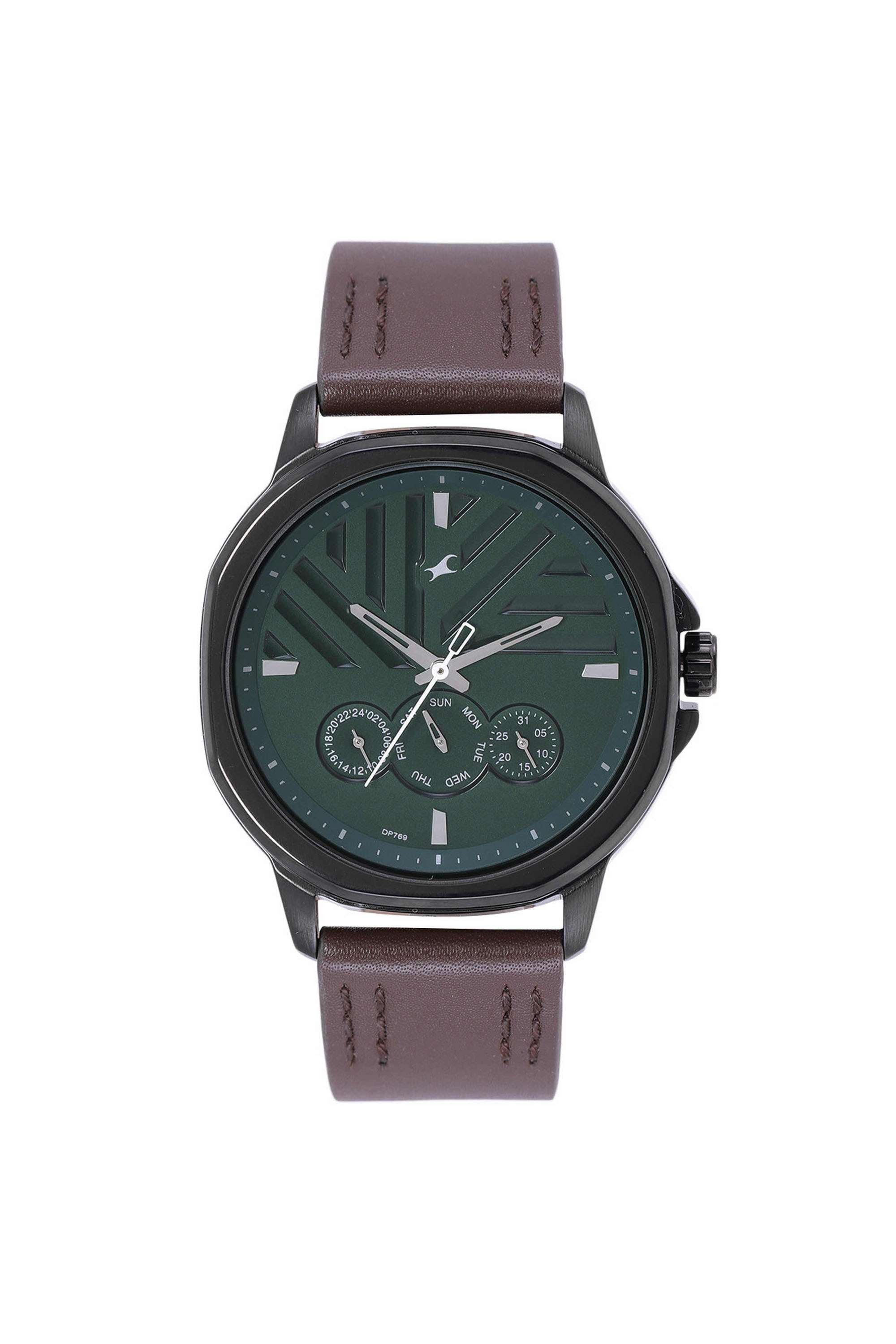 Fleek-44.8-mm-Analogue-Quartz-Watch-For-Men-s---Green-Dial-with-Brown-Leather-Strap-(NT3303NL01)
