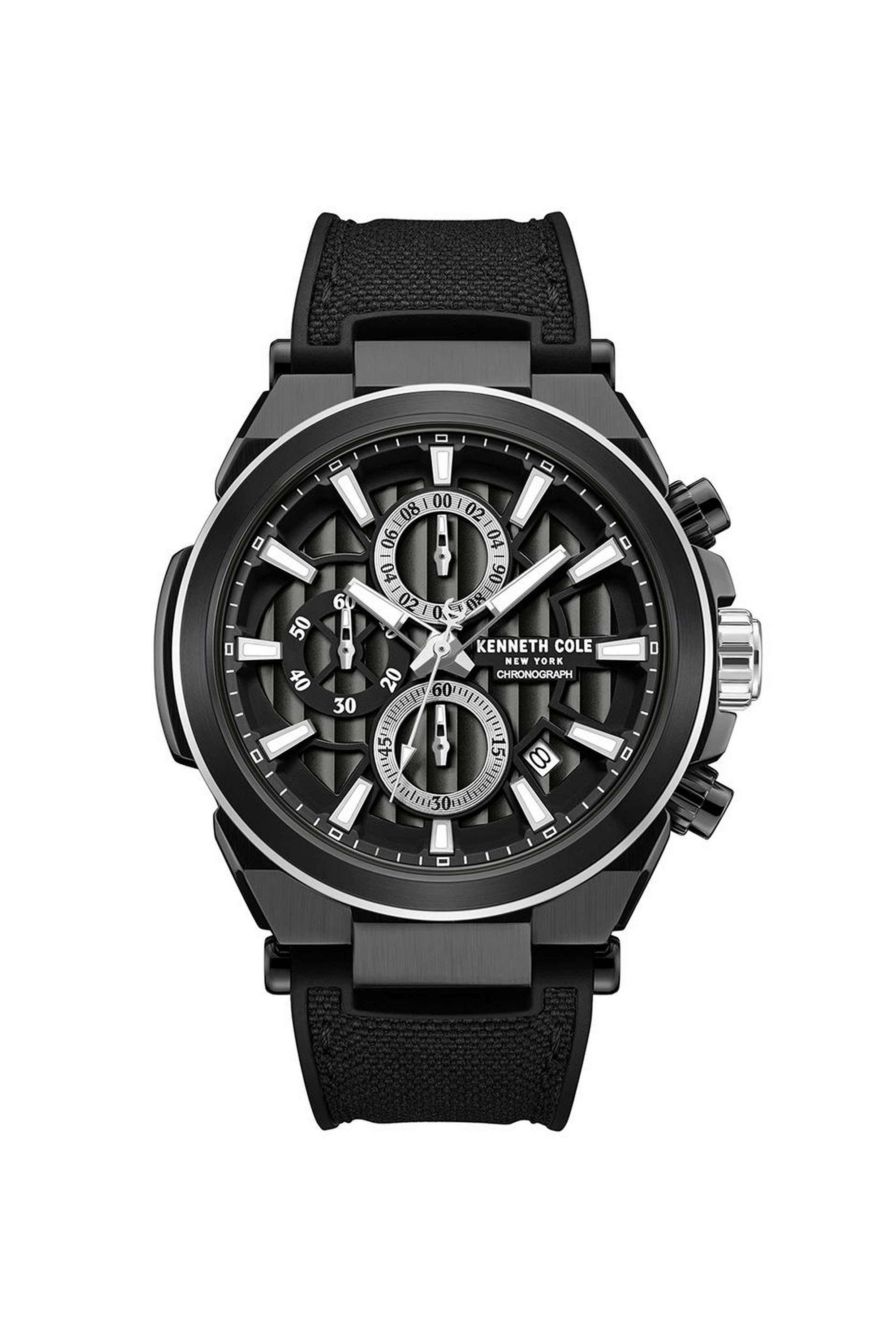 42-mm-Quartz-Chronograph-Watch-for-Men---Black-Dial-with-Black-Silicone-Strap-(KCWGO0065701MN)