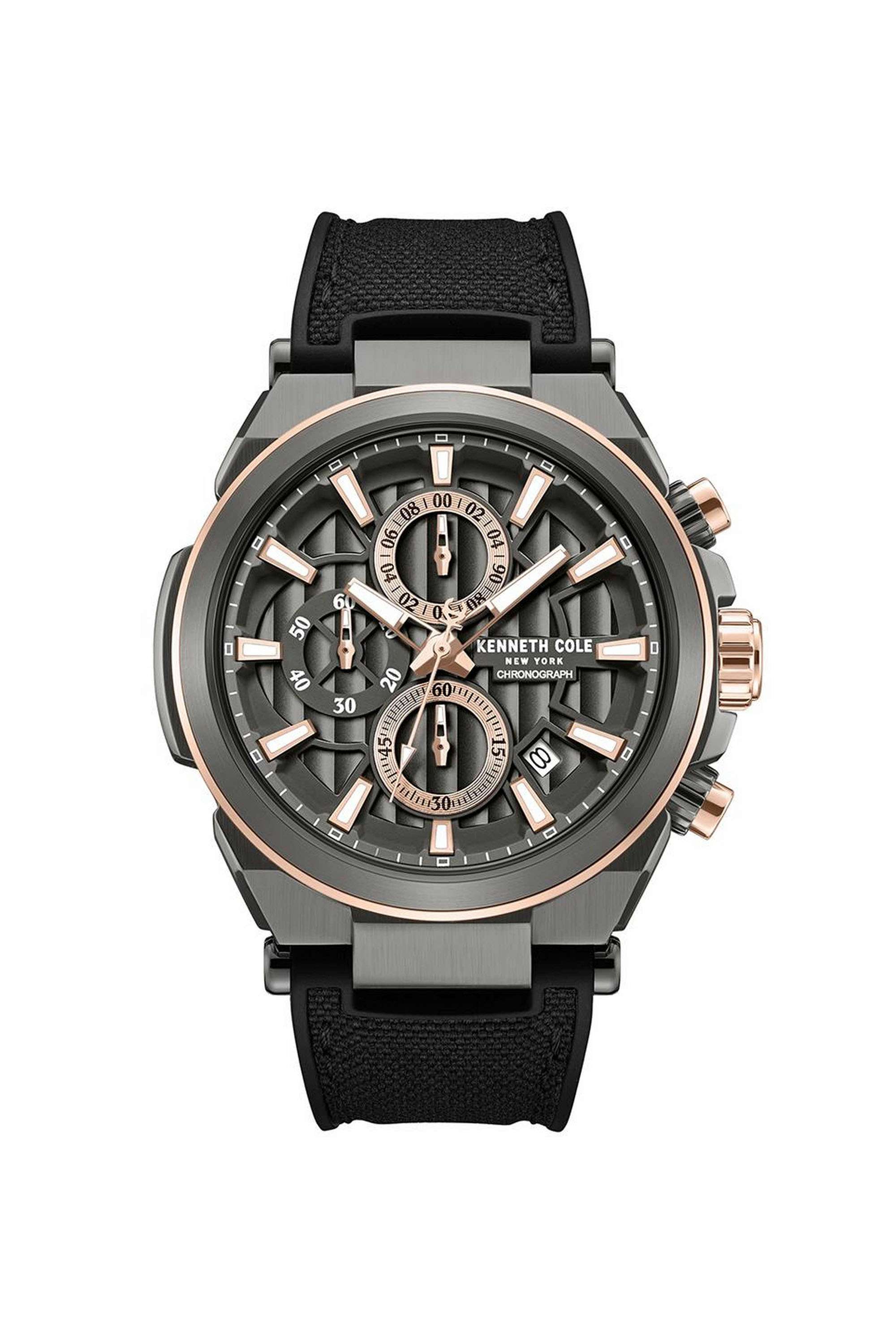 42-mm-Quartz-Chronograph-Watch-for-Men---Grey-Dial-with-Black-Silicone-Strap-(KCWGO0065702MN)