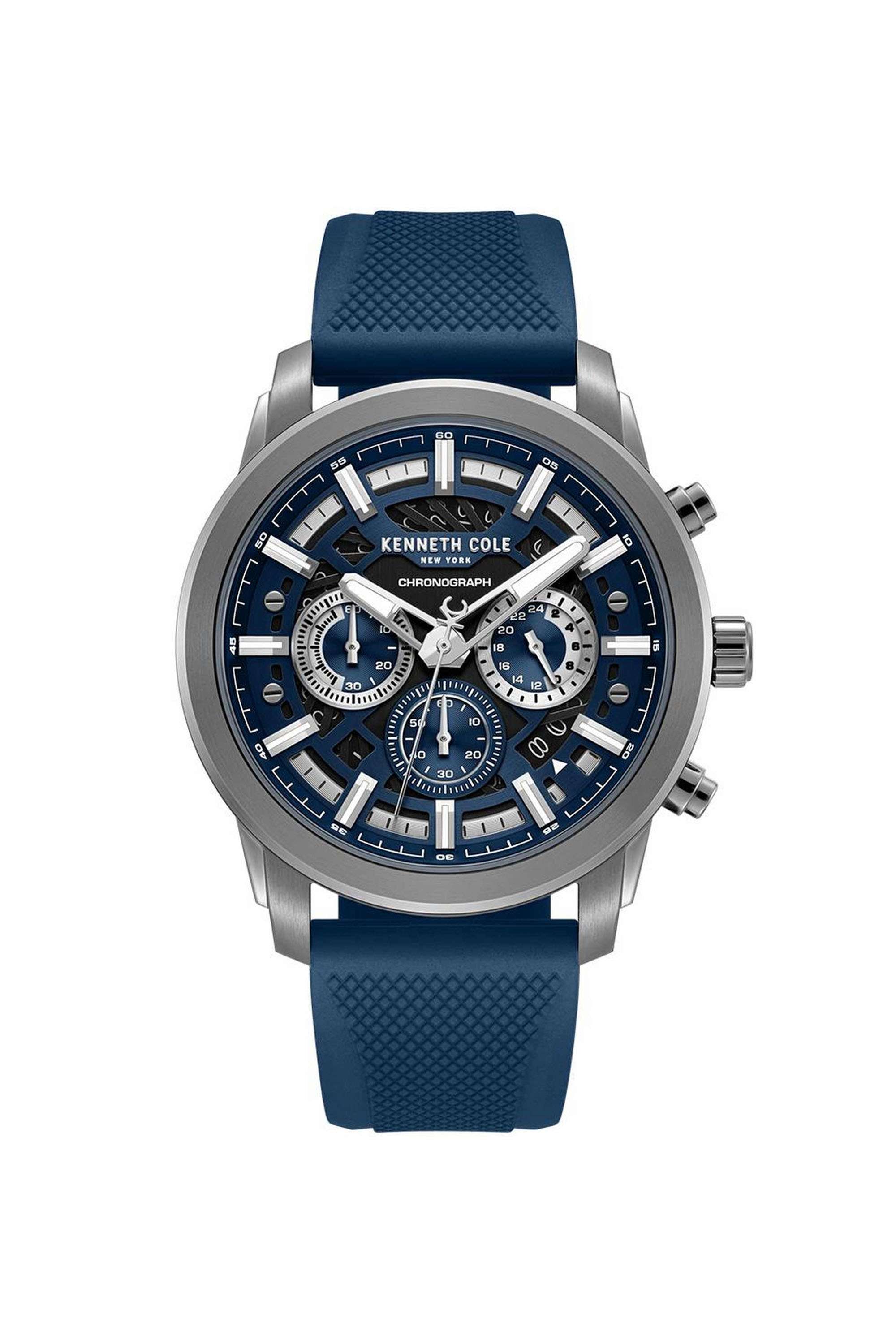 44-mm-Quartz-Chronograph-Watch-for-Men---Blue-Dial-with-Blue-Silicone-Strap-(KCWGO0067701MN)
