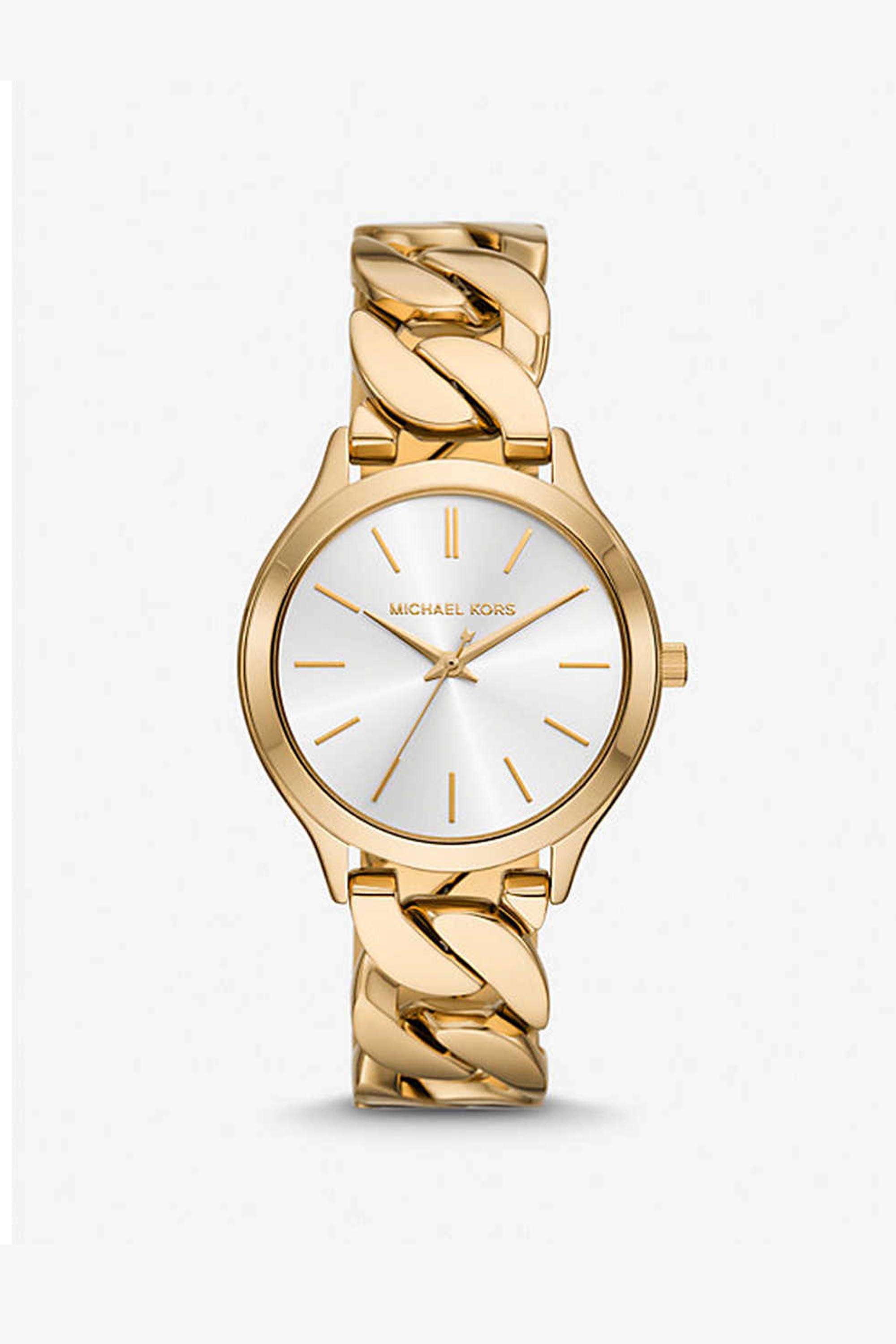 Runway-Women-s-38-mm-Analogue-Quartz-Watch---White-Dial-with-Gold-Stainless-Steel-Strap-(MK7472)