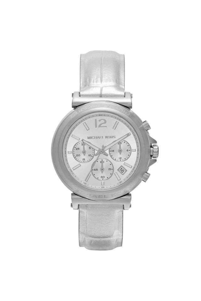 Maren-40-mm-Silver-Dial-Leather-Chronograph-Wrist-Watch-for-Women---MK7509
