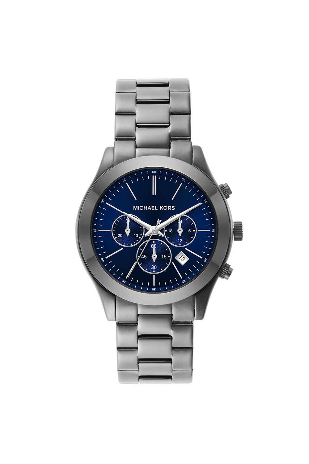Slim-Runway-Men-s-44-mm-Chronograph-Quartz-Watch---Blue-Dial-with-Grey-Stainless-Steel-Strap-(MK8987)